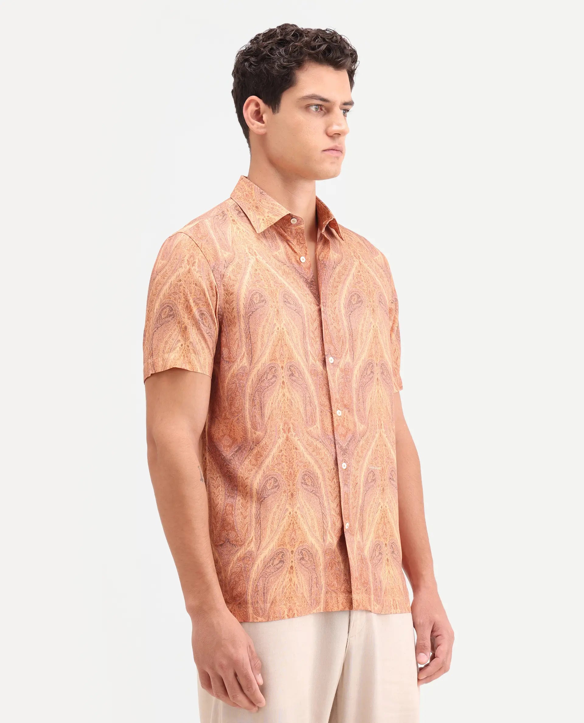 Rare Rabbit Men's Moru Beige Viscose Fabric Full Sleeve Spread Collar Regular Paisley Print Shirt