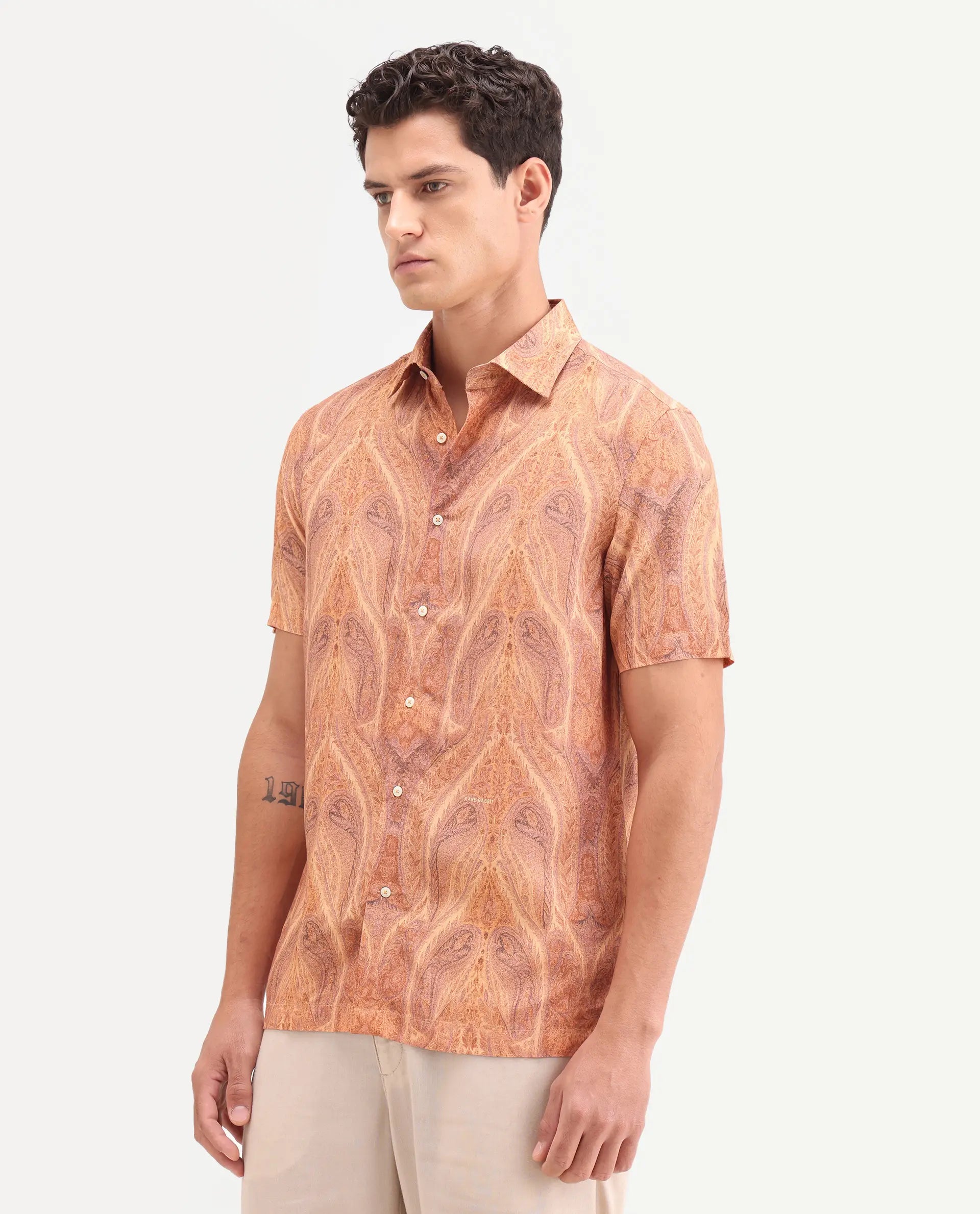Rare Rabbit Men's Moru Beige Viscose Fabric Full Sleeve Spread Collar Regular Paisley Print Shirt