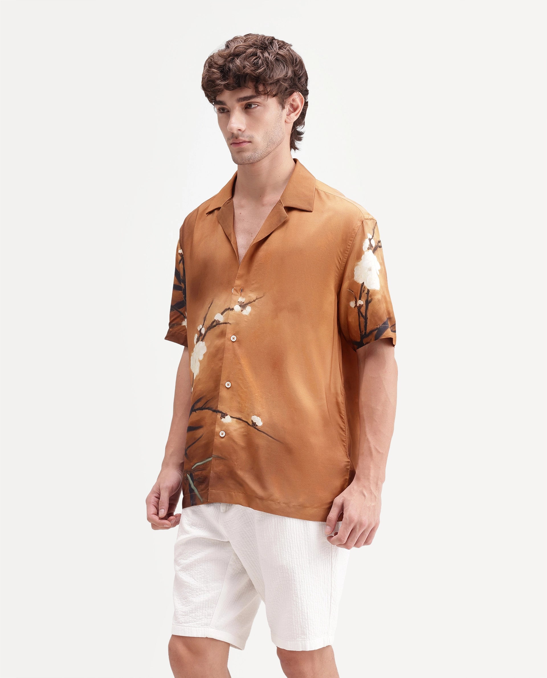 Rare Rabbit Men's Tole Dark Beige Viscose Fabric Half Sleeve Cuban Collar Regular Floral Print Shirt