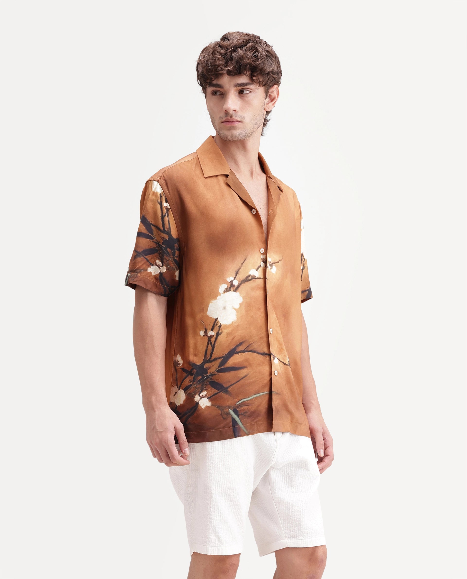 Rare Rabbit Men's Tole Dark Beige Viscose Fabric Half Sleeve Cuban Collar Regular Floral Print Shirt