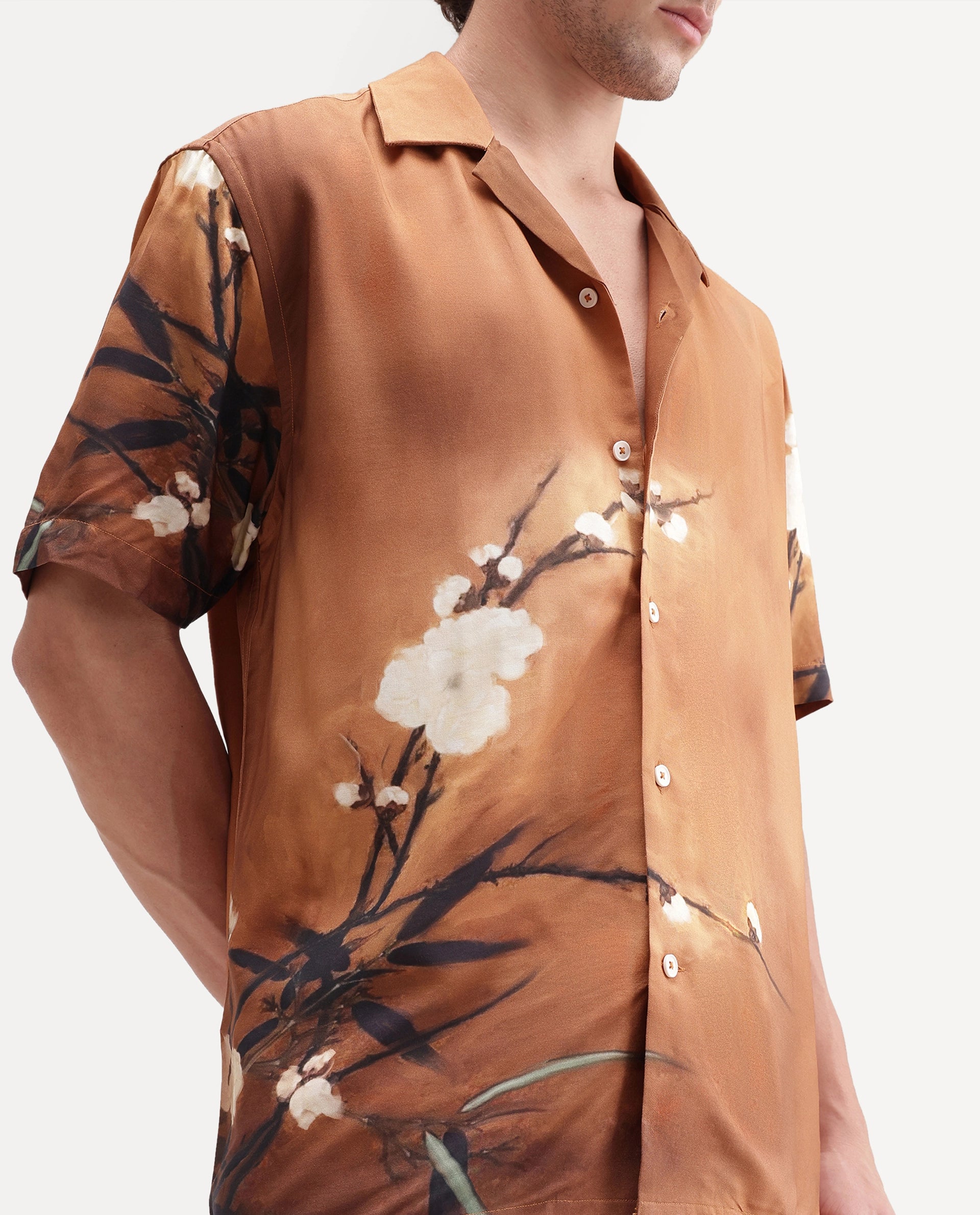 Rare Rabbit Men's Tole Dark Beige Viscose Fabric Half Sleeve Cuban Collar Regular Floral Print Shirt