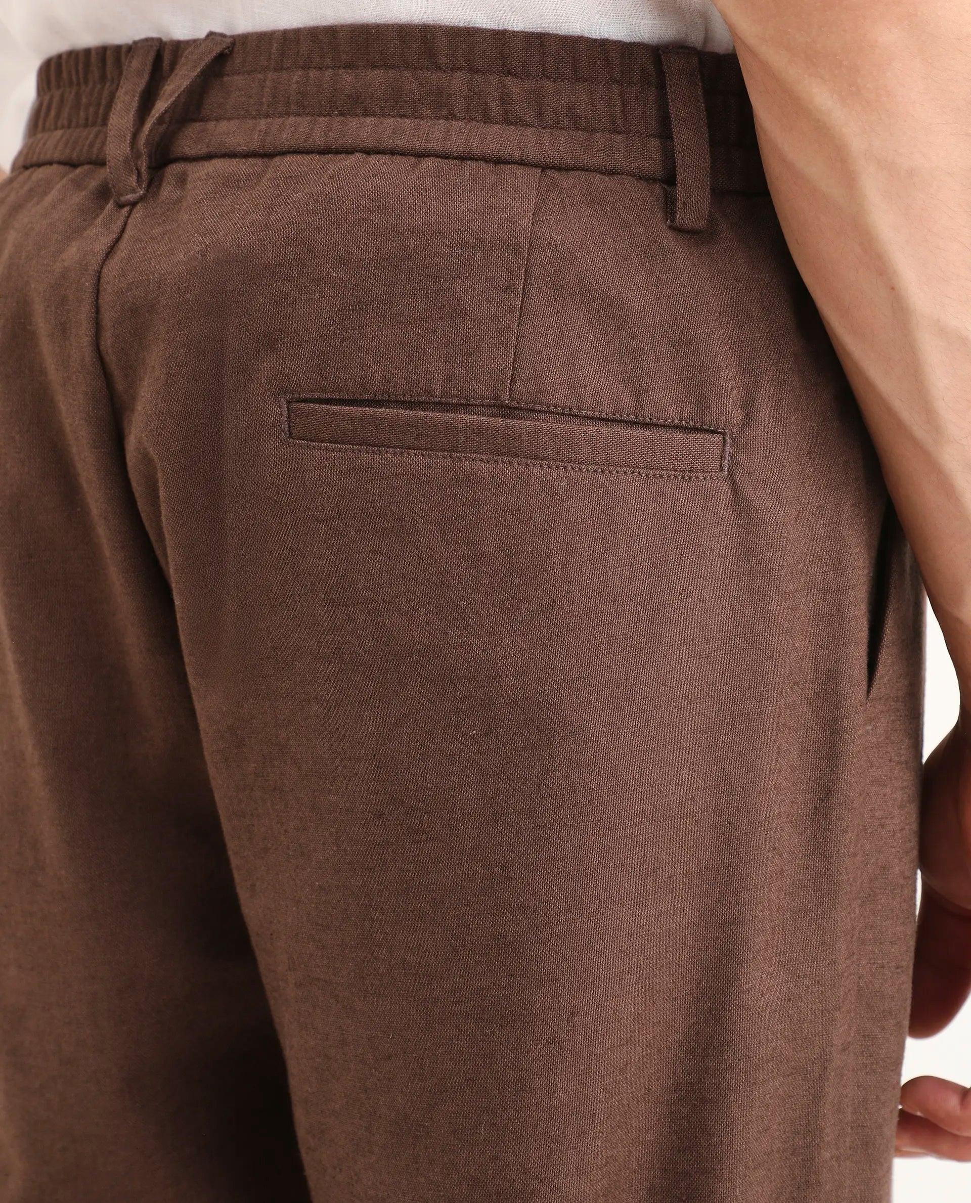 Rare Rabbit Men's Liao Dark Brown Linen Blend Fabric Straight Fit Plain Trouser
