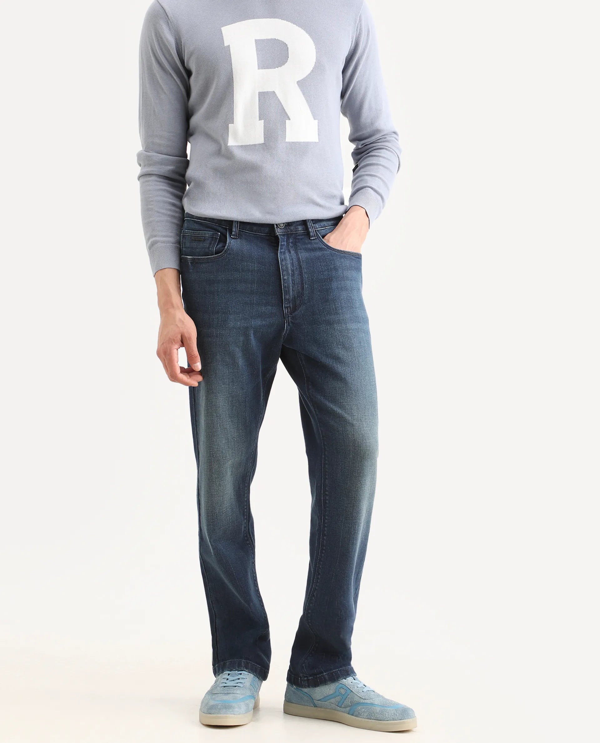Rare Rabbit Men's Rilo M Dark Blue Cotton Blend Fabric Morris Regular Plain Jeans