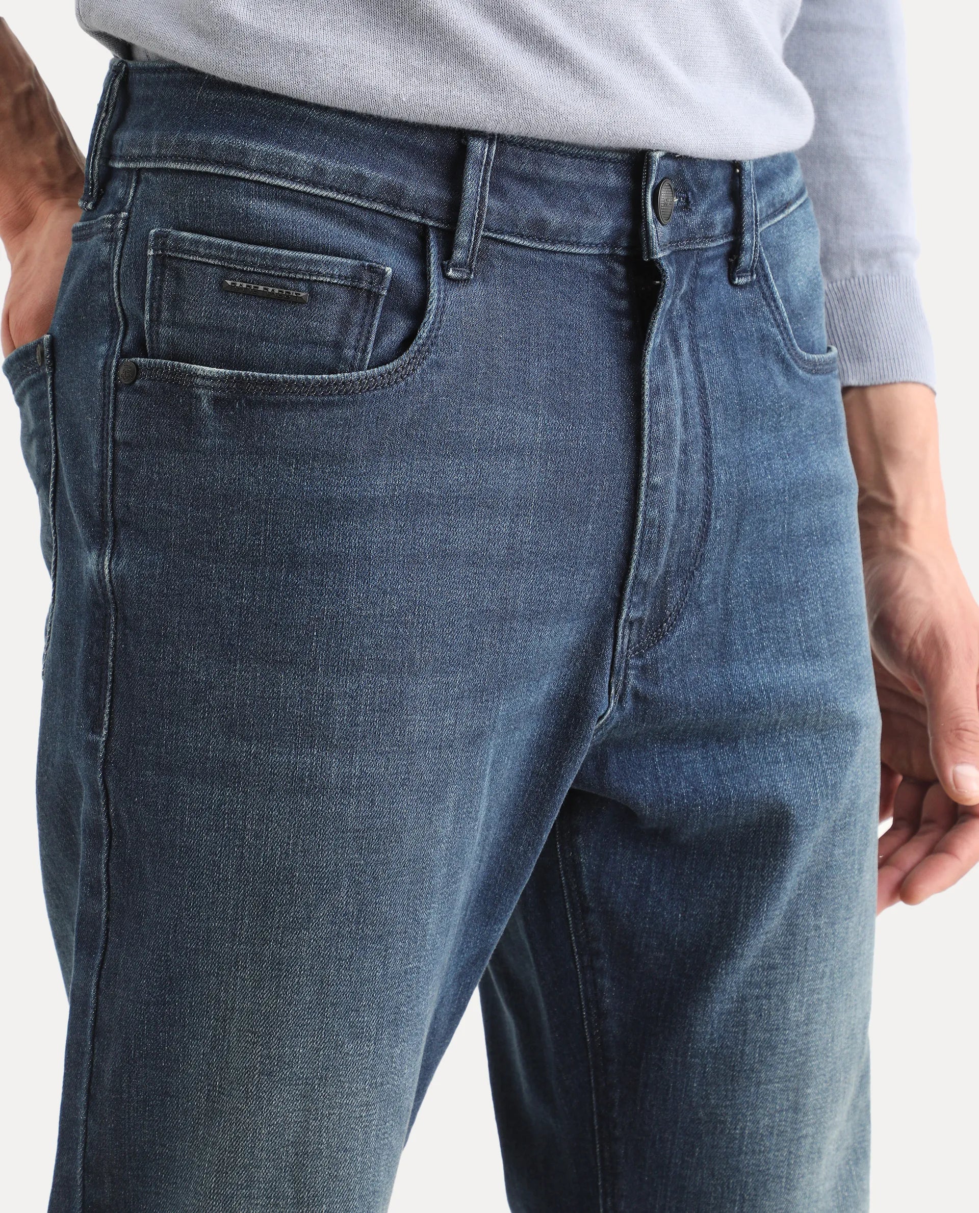 Rare Rabbit Men's Rilo M Dark Blue Cotton Blend Fabric Morris Regular Plain Jeans