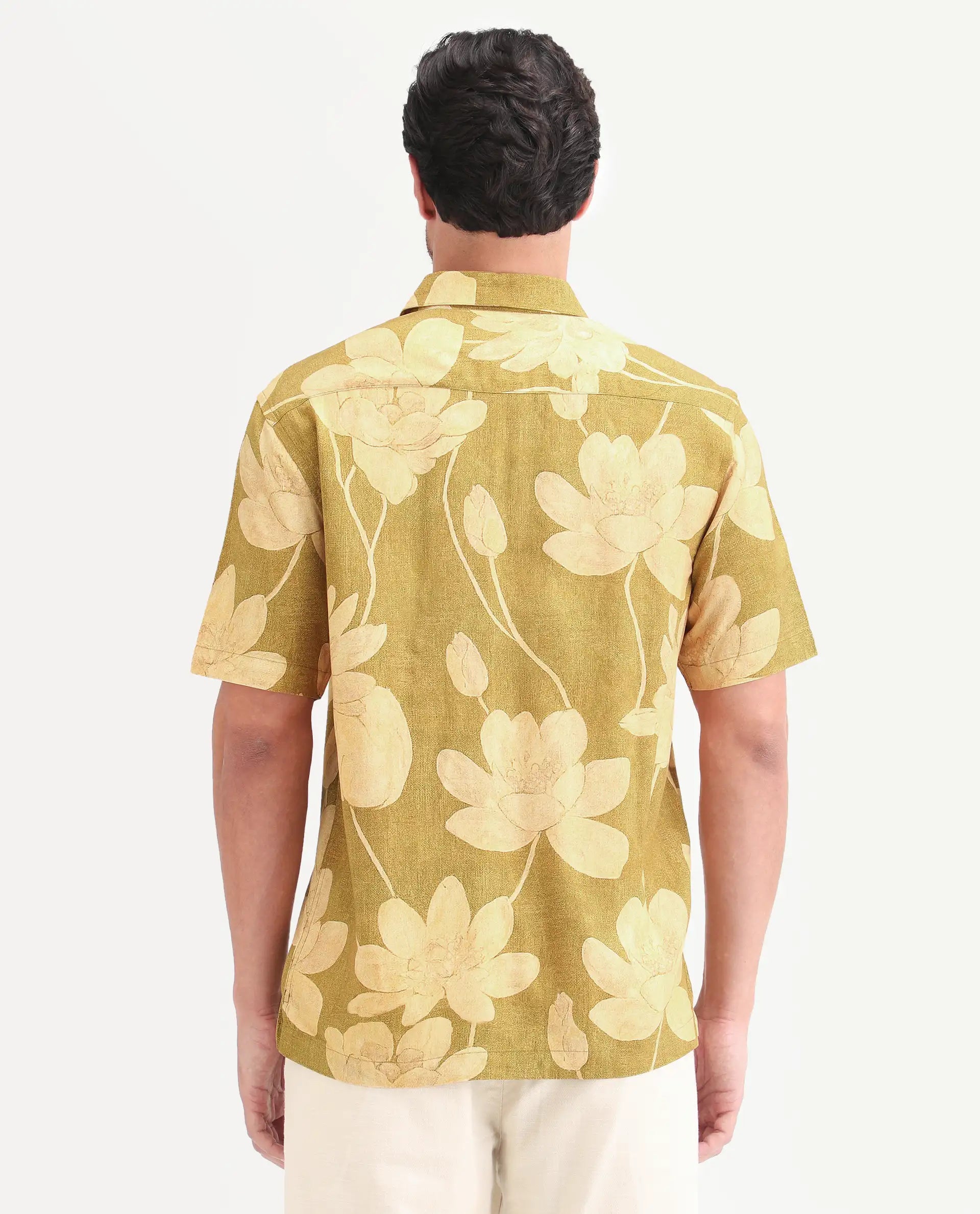 Rare Rabbit Men's Yara Light Mustard Viscose Fabric Half Sleeve Spread Collar Regular Floral Print Shirt
