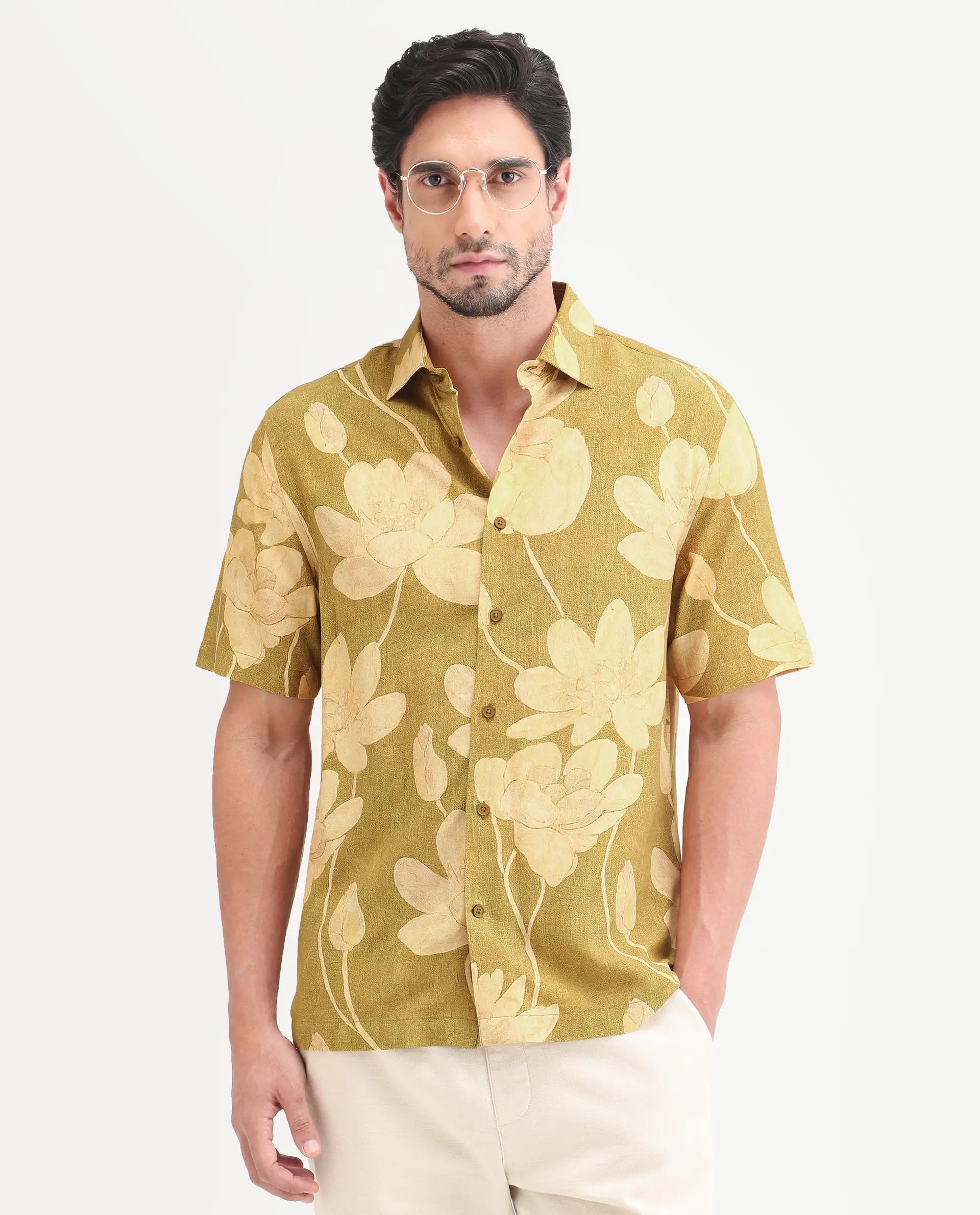 Rare Rabbit Men's Yara Light Mustard Viscose Fabric Half Sleeve Spread Collar Regular Floral Print Shirt