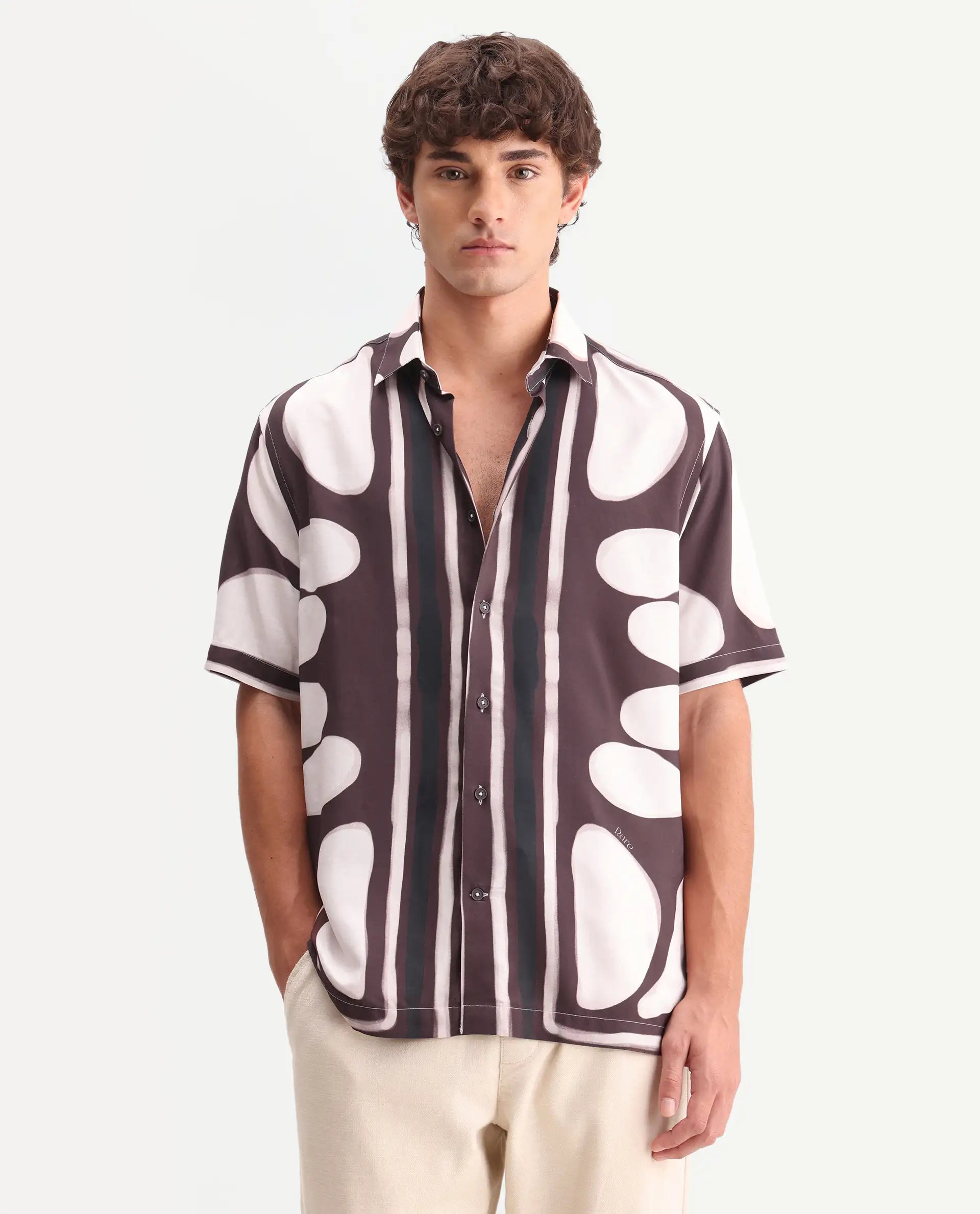 Rare Rabbit Men's Rown Brown Viscose Fabric Spread Collar Regular Abstract Print Shirt