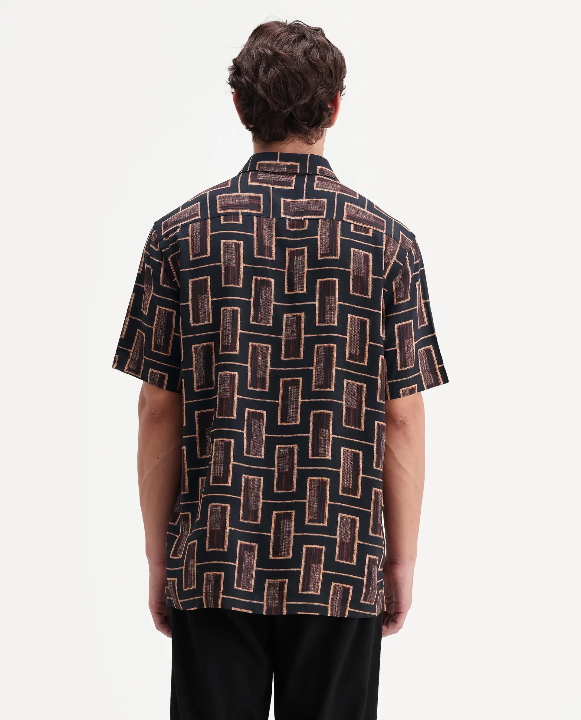 Rare Rabbit Men's Savi Black Viscose Fabric Half Sleeve Spread Collar Regular Geometric Print Shirt