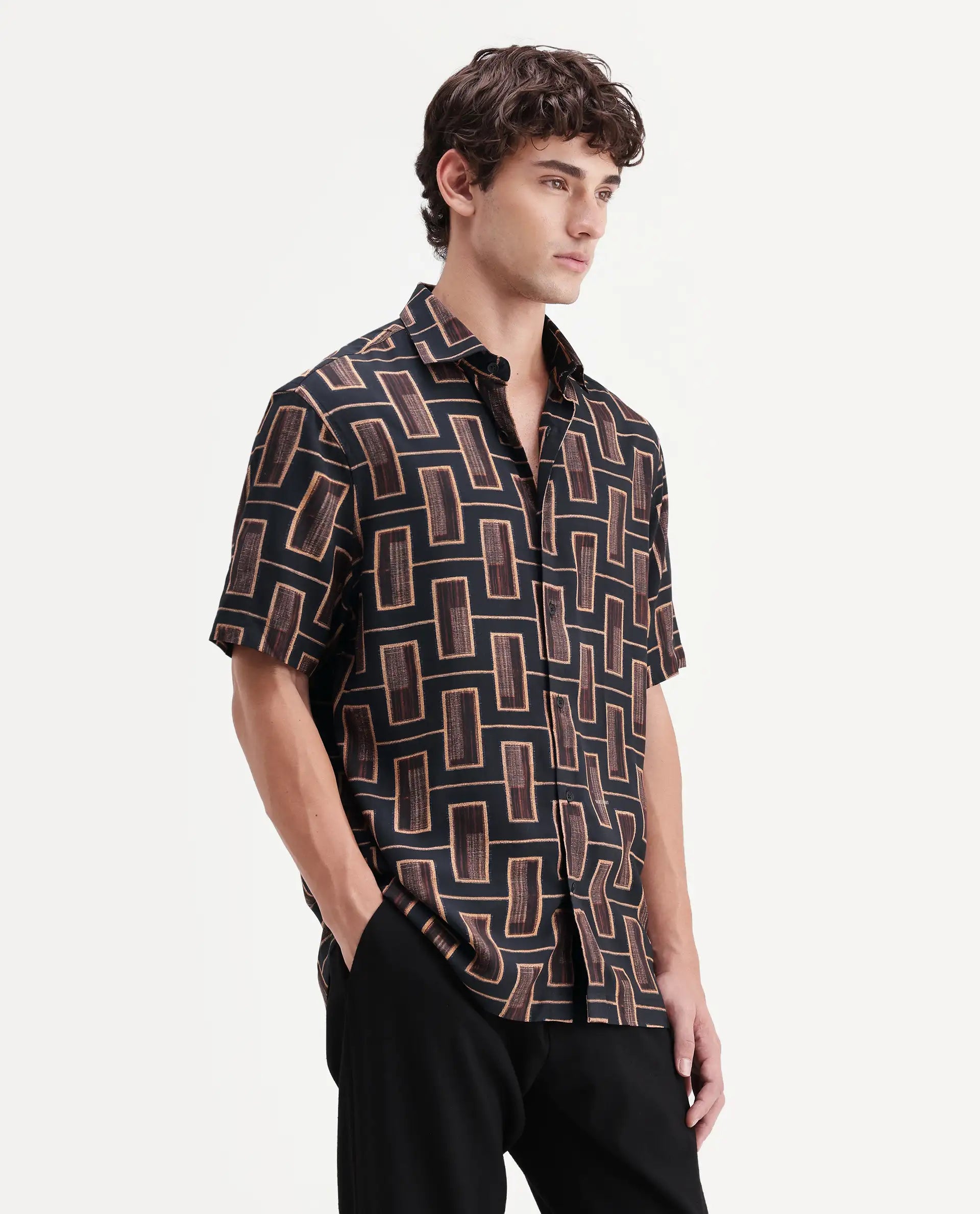 Rare Rabbit Men's Savi Black Viscose Fabric Half Sleeve Spread Collar Regular Geometric Print Shirt
