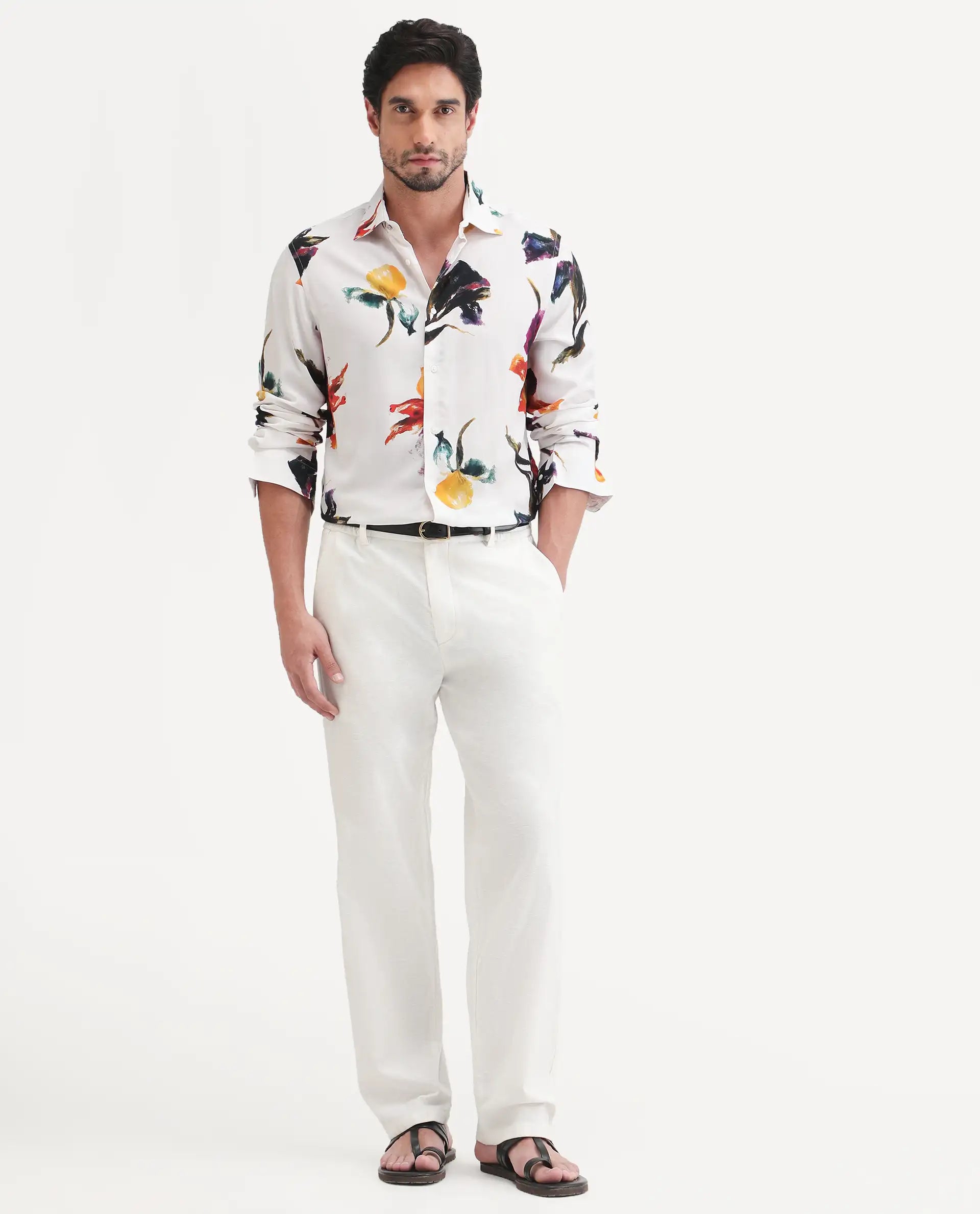 Rare Rabbit Men's Tera White Viscose Fabric Full Sleeve Spread Collar Regular Floral Print Shirt