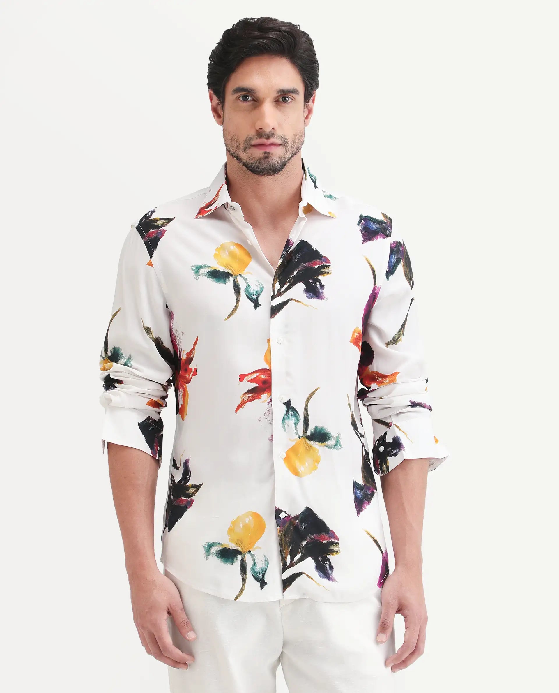 Rare Rabbit Men's Tera White Viscose Fabric Full Sleeve Spread Collar Regular Floral Print Shirt