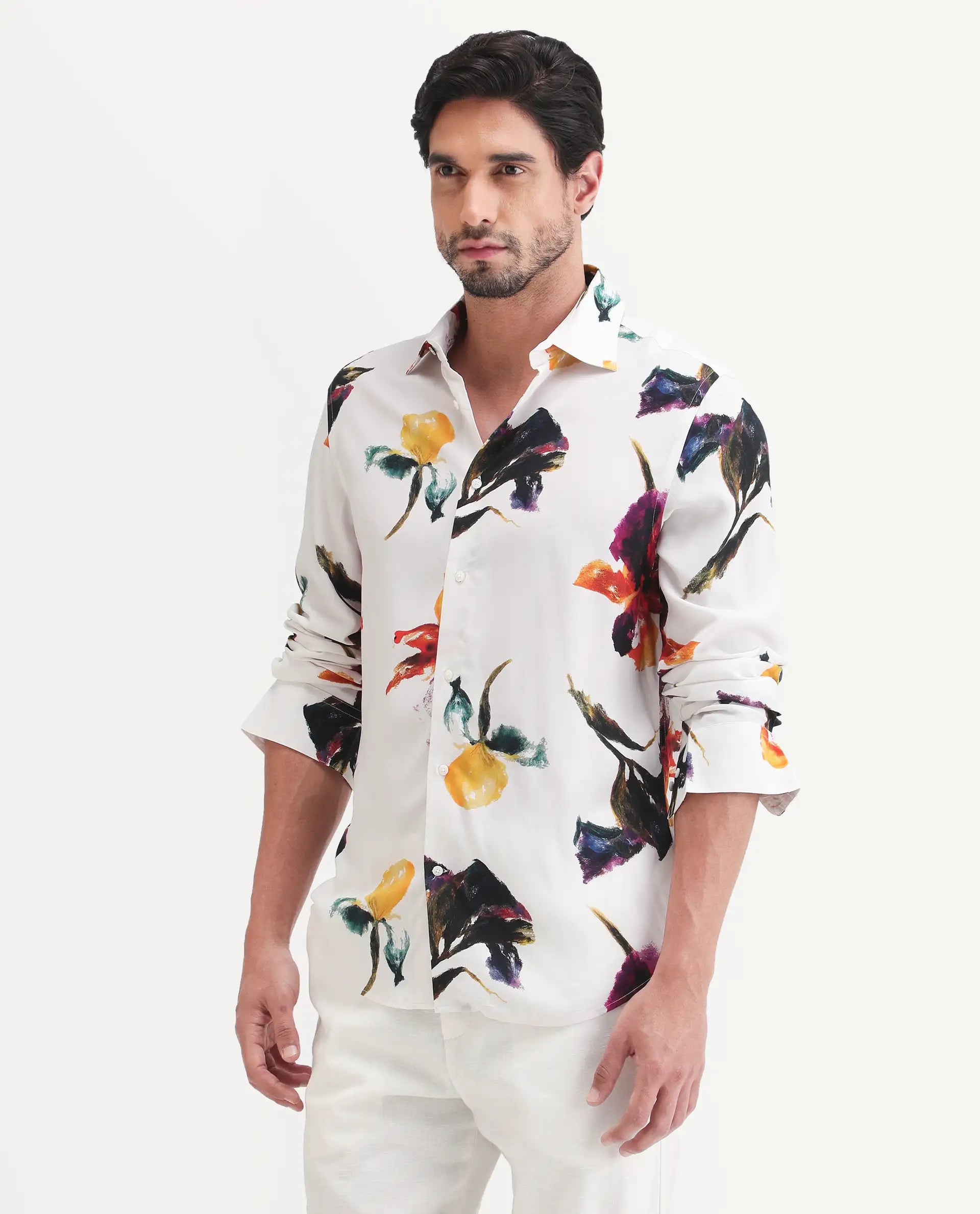 Rare Rabbit Men's Tera White Viscose Fabric Full Sleeve Spread Collar Regular Floral Print Shirt