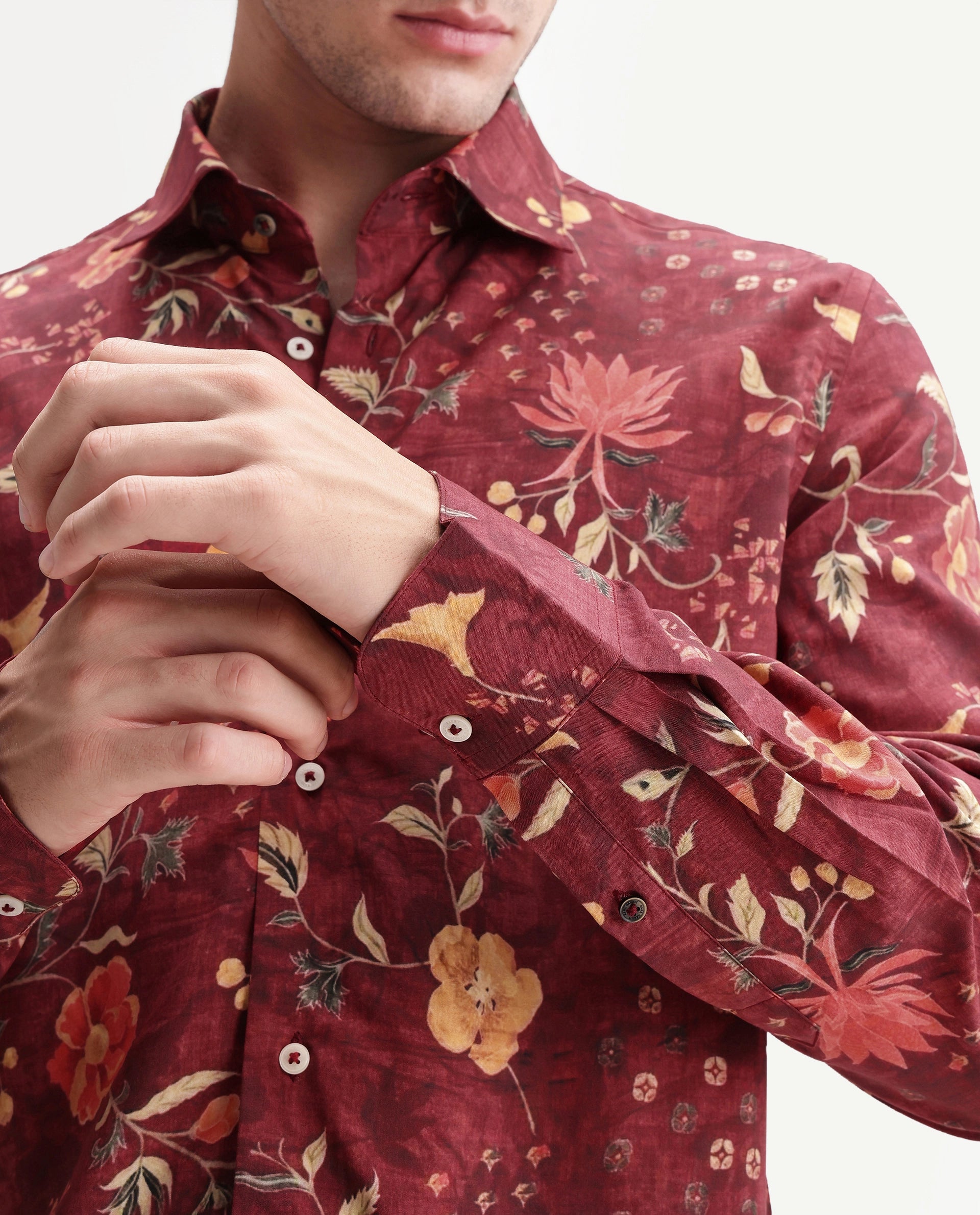 Rare Rabbit Men's Frez Dark Red Viscose Fabric Full Sleeve Spread Collar Regular Floral Print Shirt