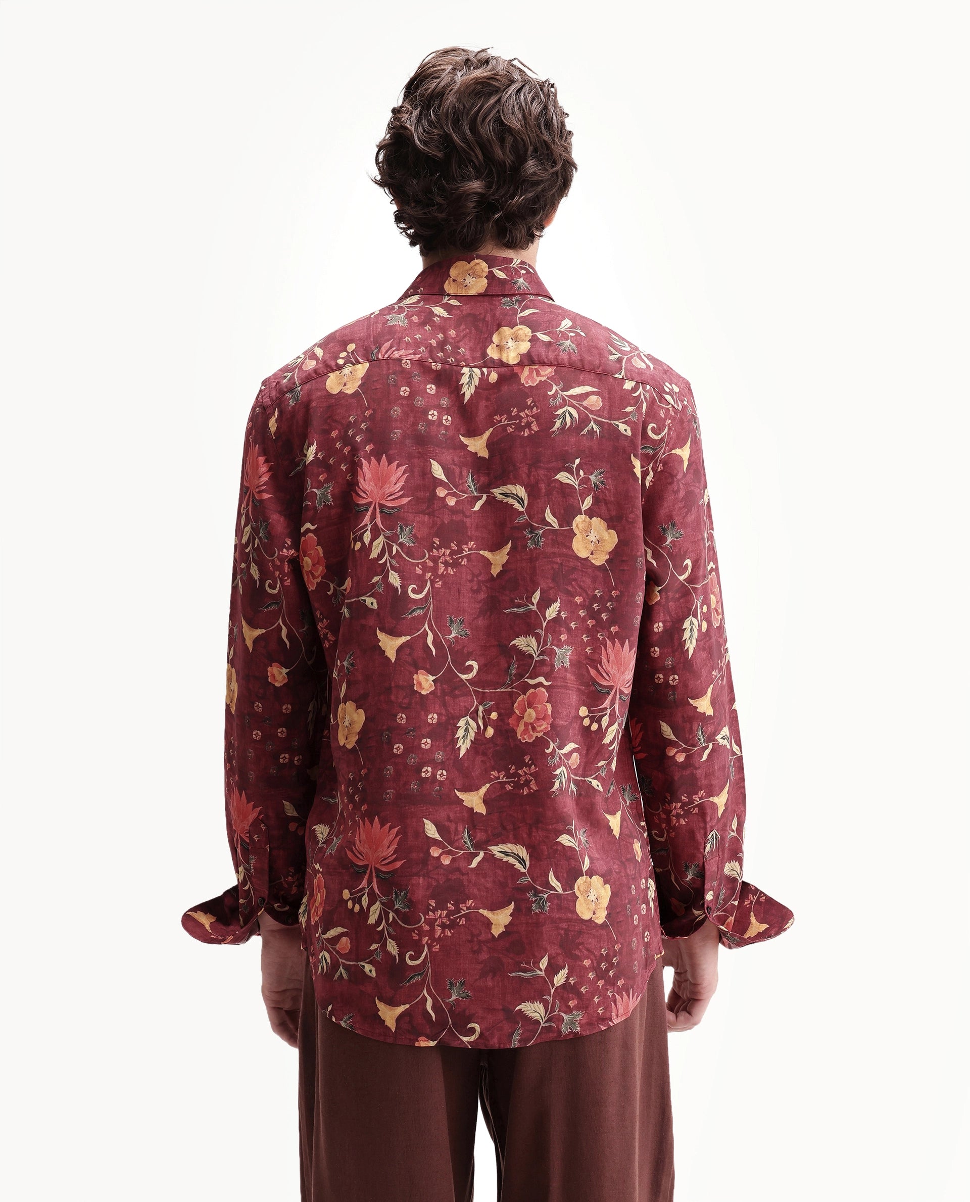 Rare Rabbit Men's Frez Dark Red Viscose Fabric Full Sleeve Spread Collar Regular Floral Print Shirt