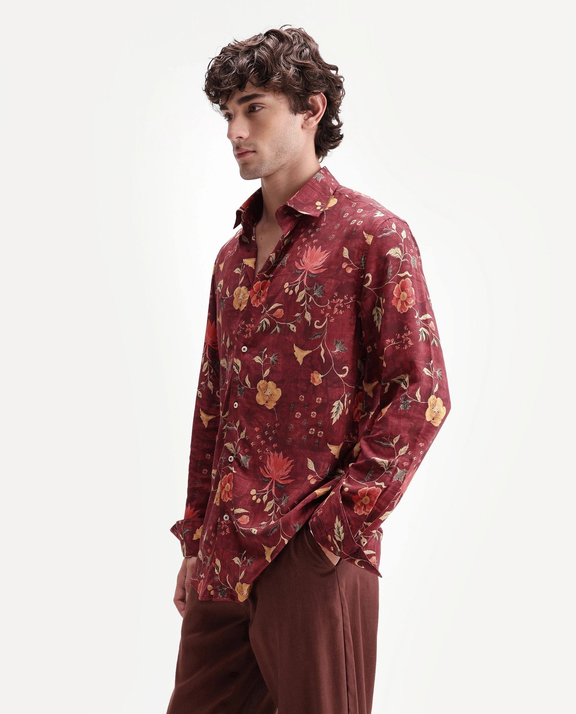 Rare Rabbit Men's Frez Dark Red Viscose Fabric Full Sleeve Spread Collar Regular Floral Print Shirt