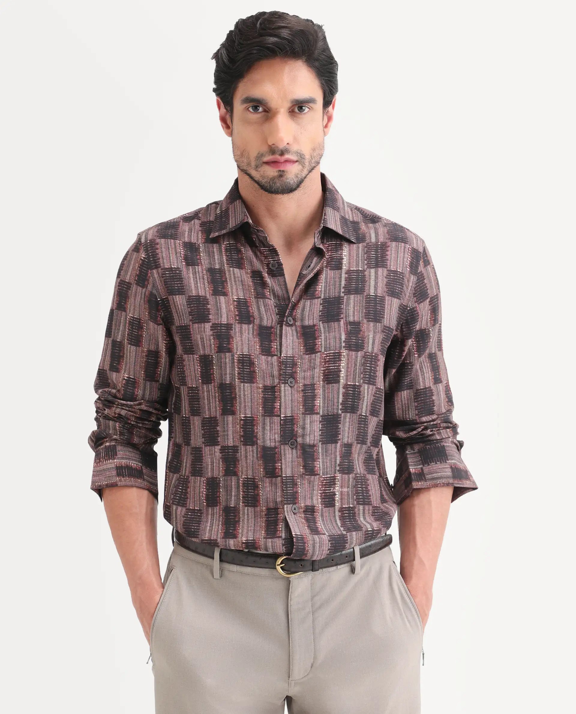 Rare Rabbit Men's Zenat Brown Viscose Fabric Full Sleeve Spread Collar Regular Abstract Print Shirt