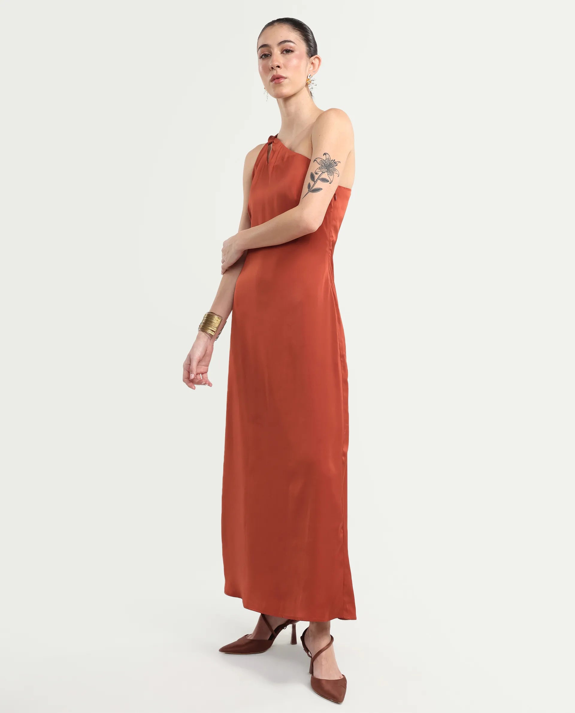 Rareism Women's Mrap Rust Polyester Sleeveless One Shoulder Straight Dress