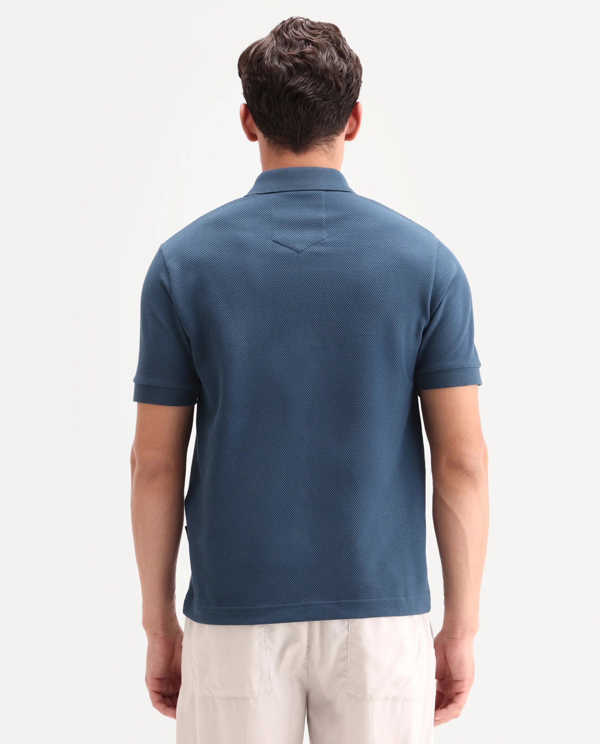 Rare Rabbit Men's Salio Petrol Cotton Blend Fabric Half Sleeve Spread Collar Regular Plain Polo