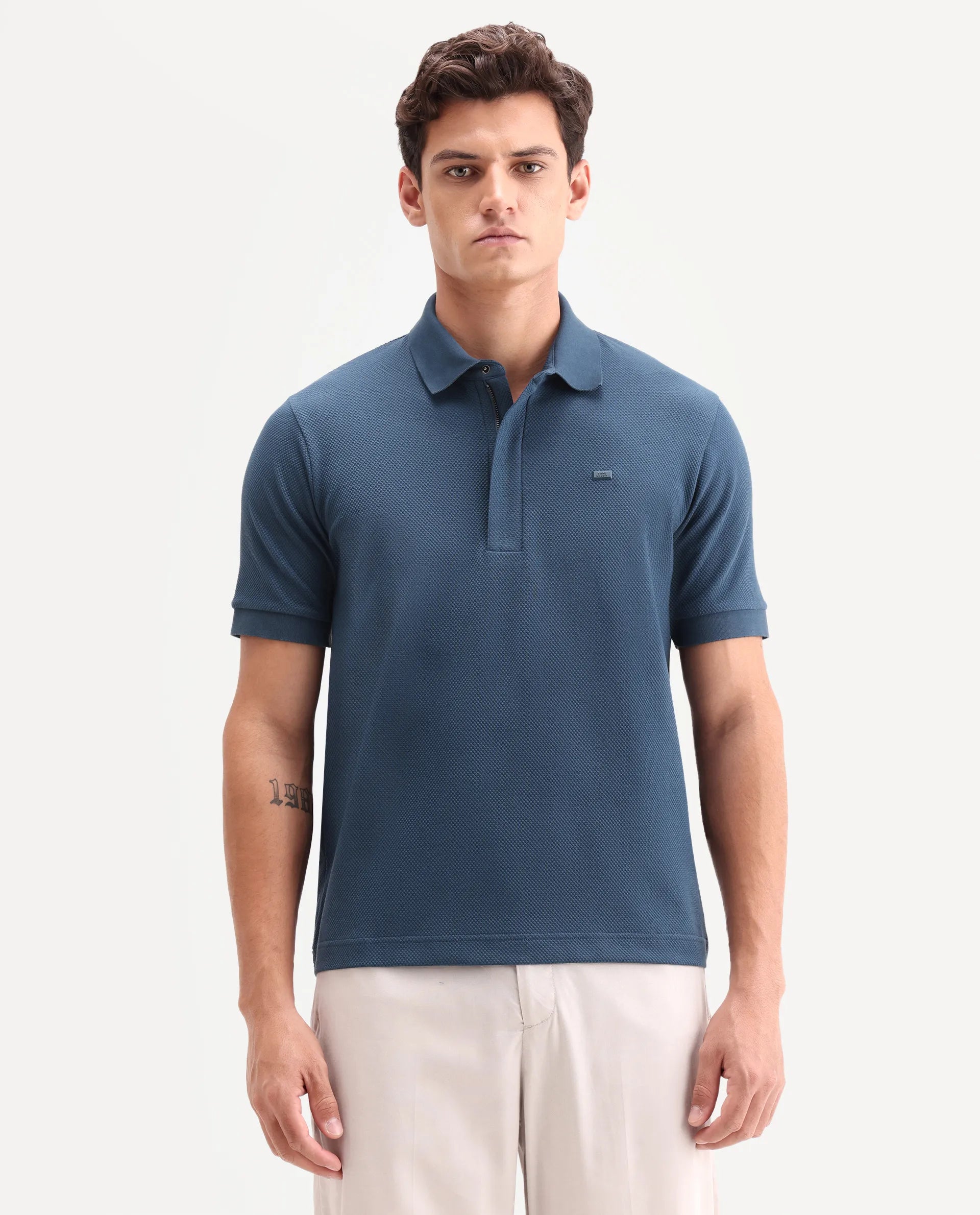 Rare Rabbit Men's Salio Petrol Cotton Blend Fabric Half Sleeve Spread Collar Regular Plain Polo