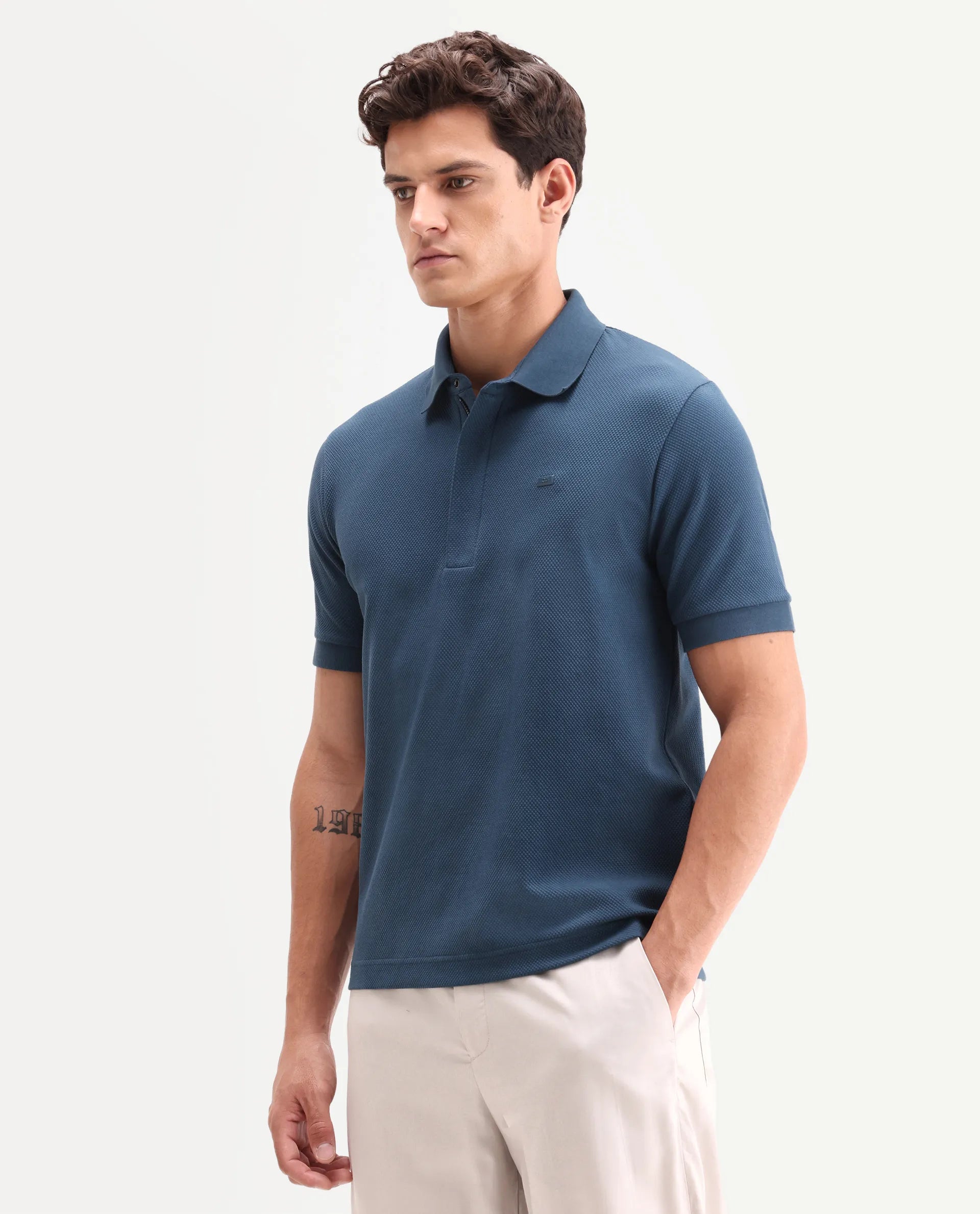 Rare Rabbit Men's Salio Petrol Cotton Blend Fabric Half Sleeve Spread Collar Regular Plain Polo