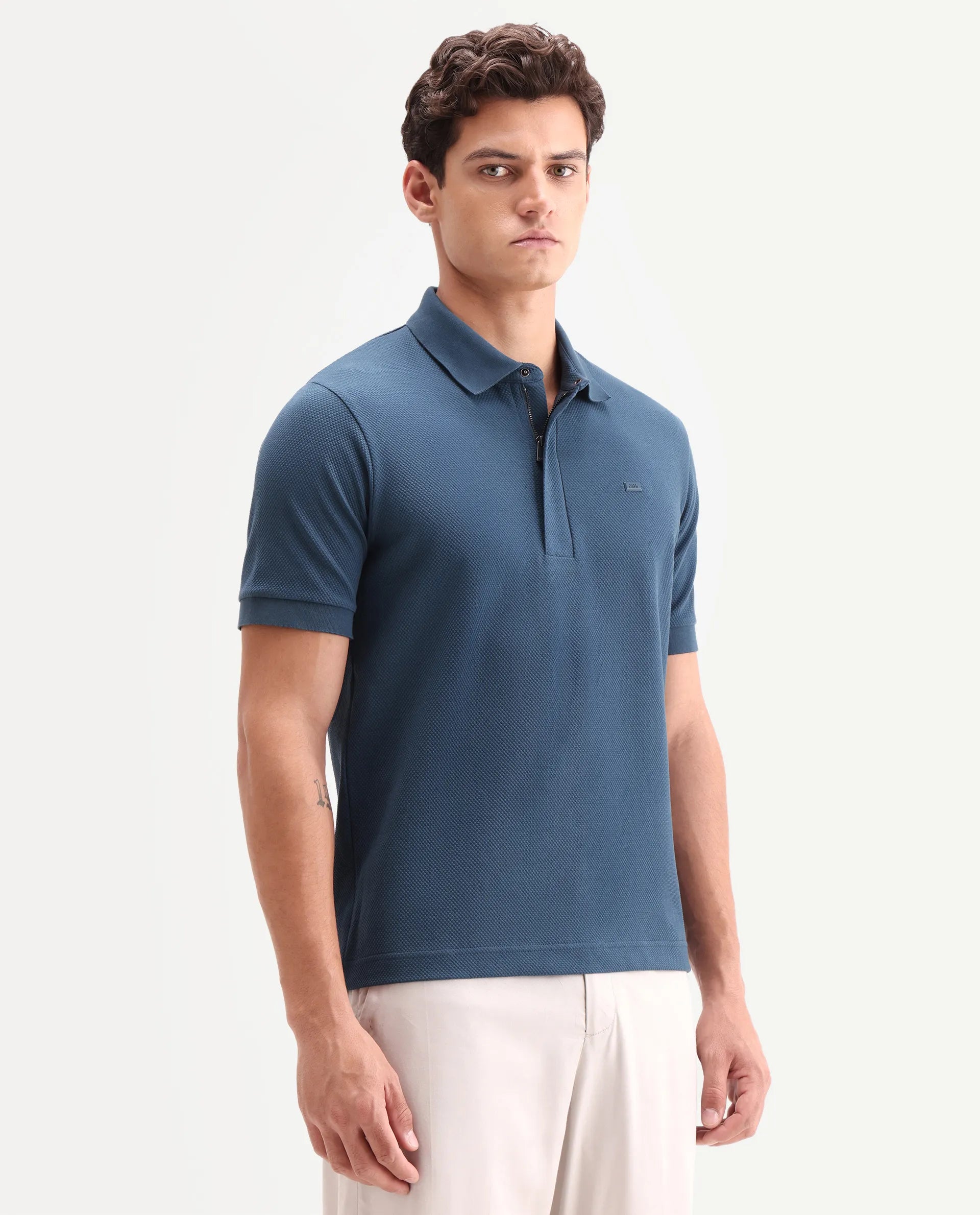 Rare Rabbit Men's Salio Petrol Cotton Blend Fabric Half Sleeve Spread Collar Regular Plain Polo