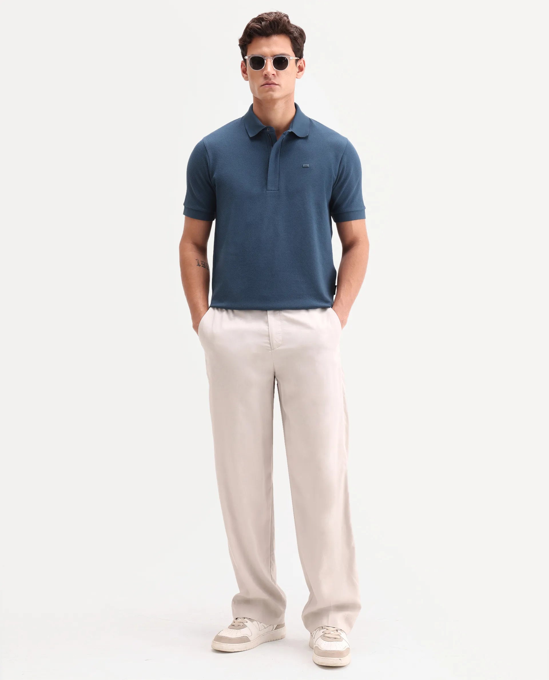 Rare Rabbit Men's Salio Petrol Cotton Blend Fabric Half Sleeve Spread Collar Regular Plain Polo