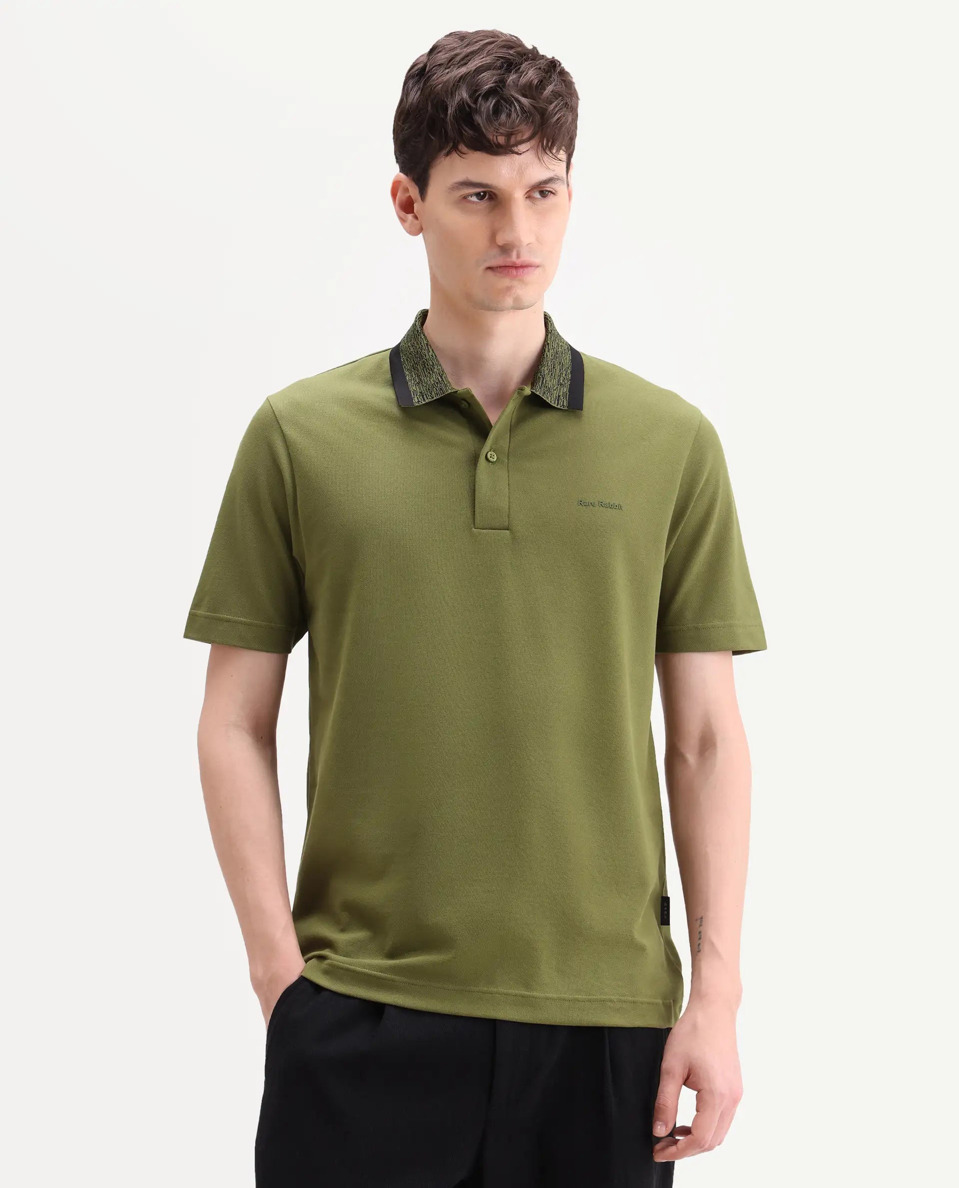 Rare Rabbit Men's Spalo Dark Green Cotton Blend Fabric Half Sleeve Spread Collar Regular Plain Polo