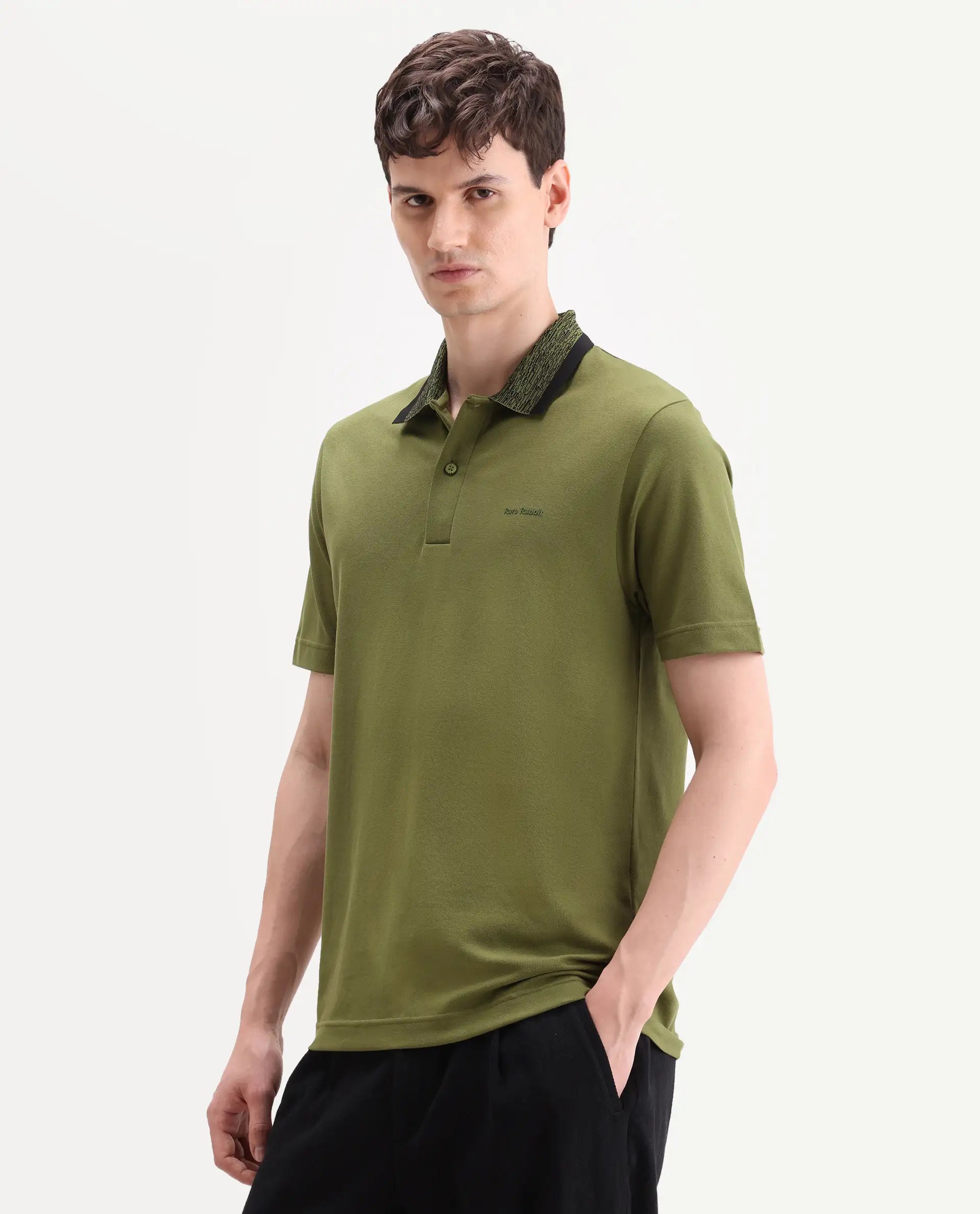 Rare Rabbit Men's Spalo Dark Green Cotton Blend Fabric Half Sleeve Spread Collar Regular Plain Polo