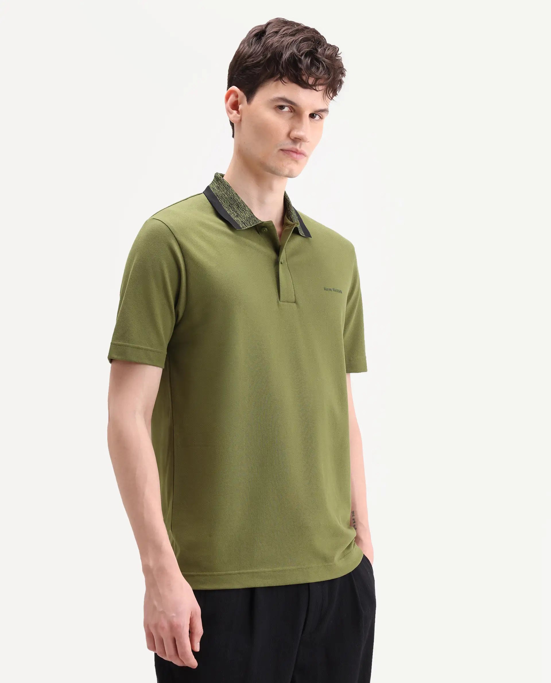 Rare Rabbit Men's Spalo Dark Green Cotton Blend Fabric Half Sleeve Spread Collar Regular Plain Polo