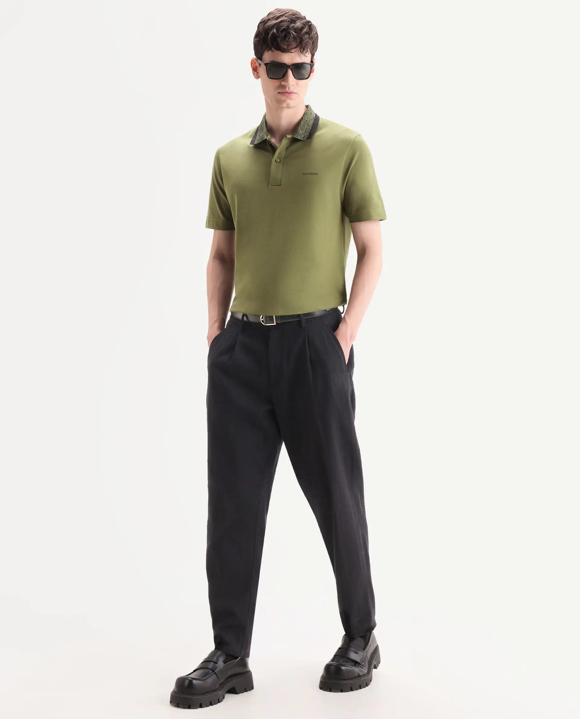 Rare Rabbit Men's Spalo Dark Green Cotton Blend Fabric Half Sleeve Spread Collar Regular Plain Polo