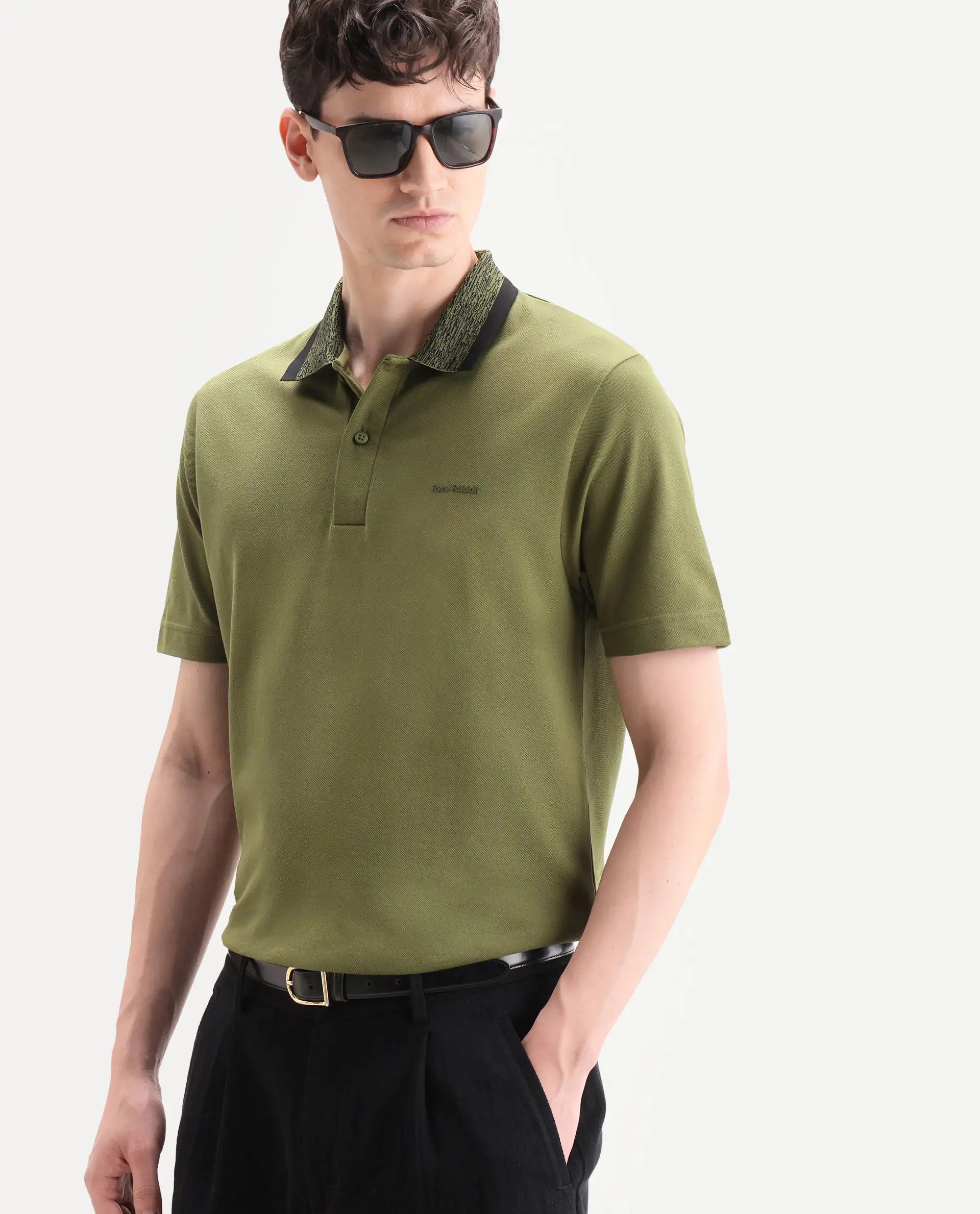 Rare Rabbit Men's Spalo Dark Green Cotton Blend Fabric Half Sleeve Spread Collar Regular Plain Polo