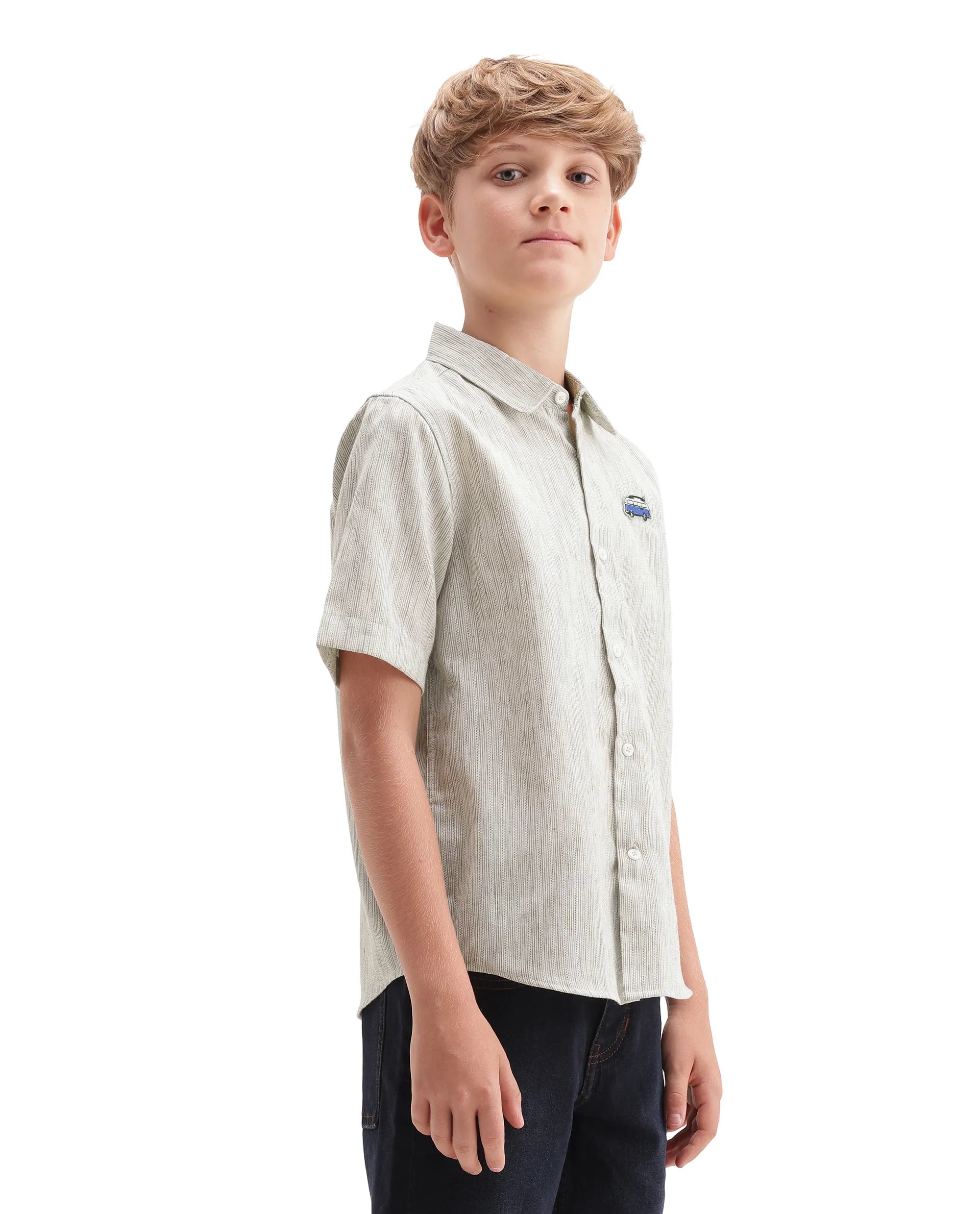 Rare Ones Kids Nobil Light Green Linen Blend Button Closure Regular Fit Shirt