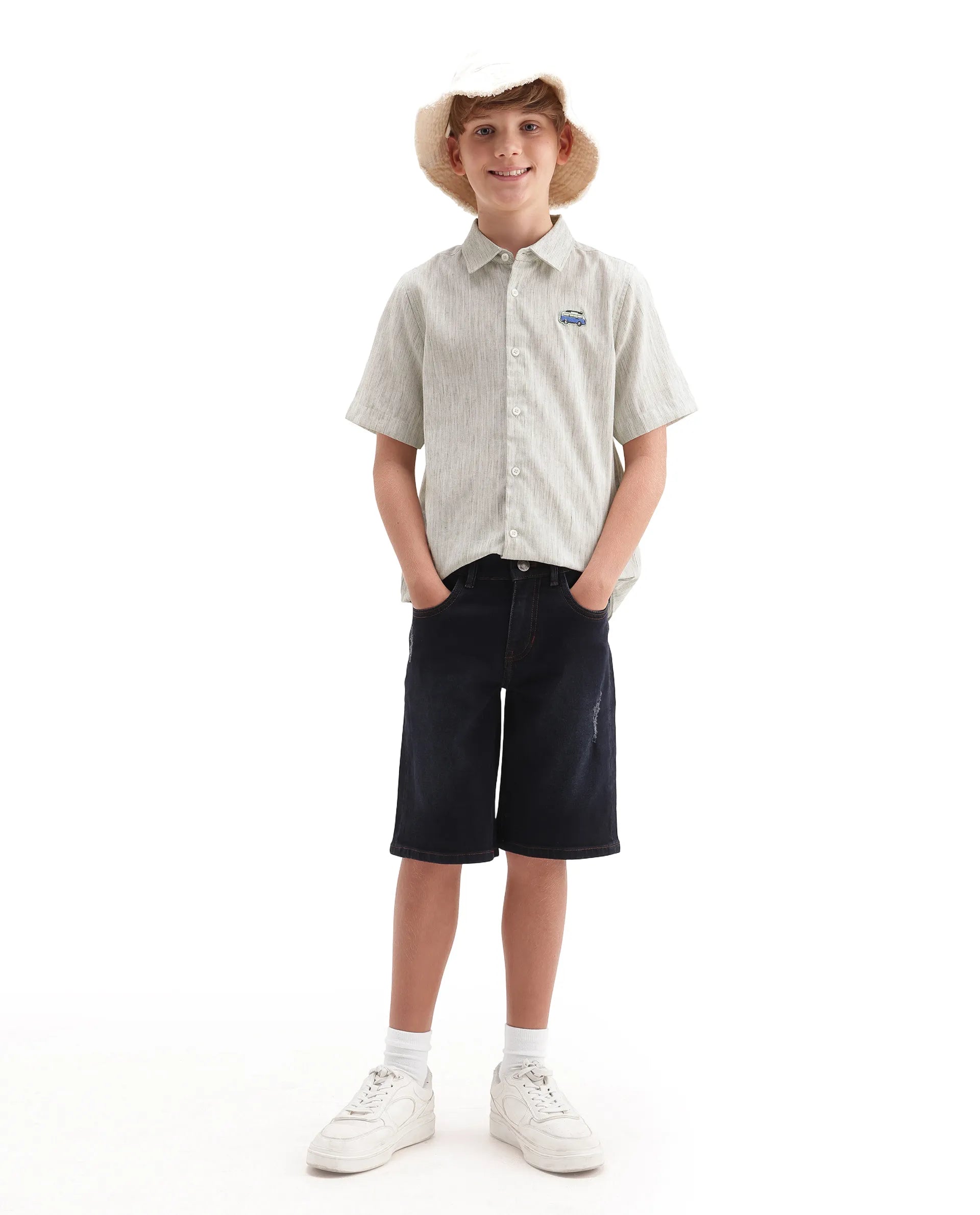 Rare Ones Kids Nobil Light Green Linen Blend Button Closure Regular Fit Shirt