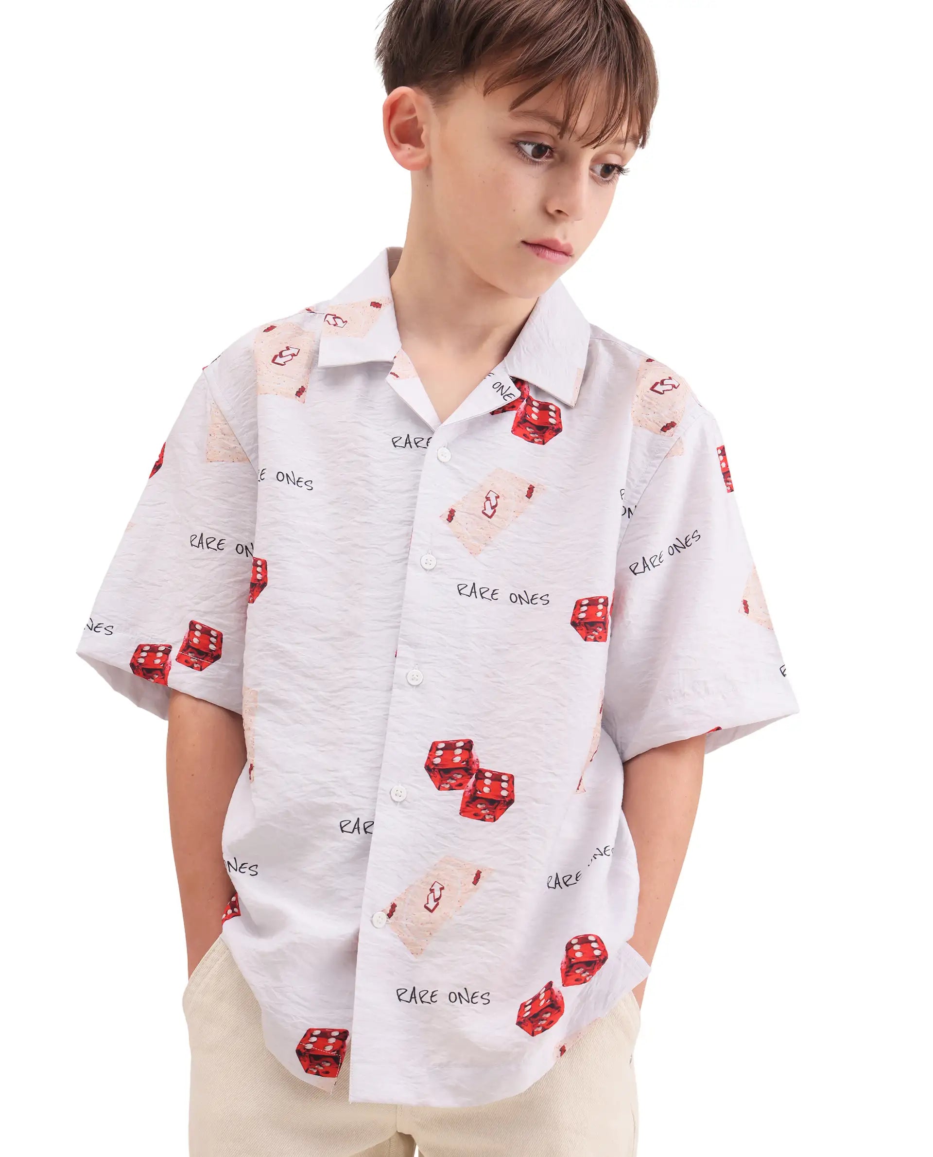 Rare Ones Kids Dice White Viscose Blend Fabric Button Closure Regular Fit Shirt