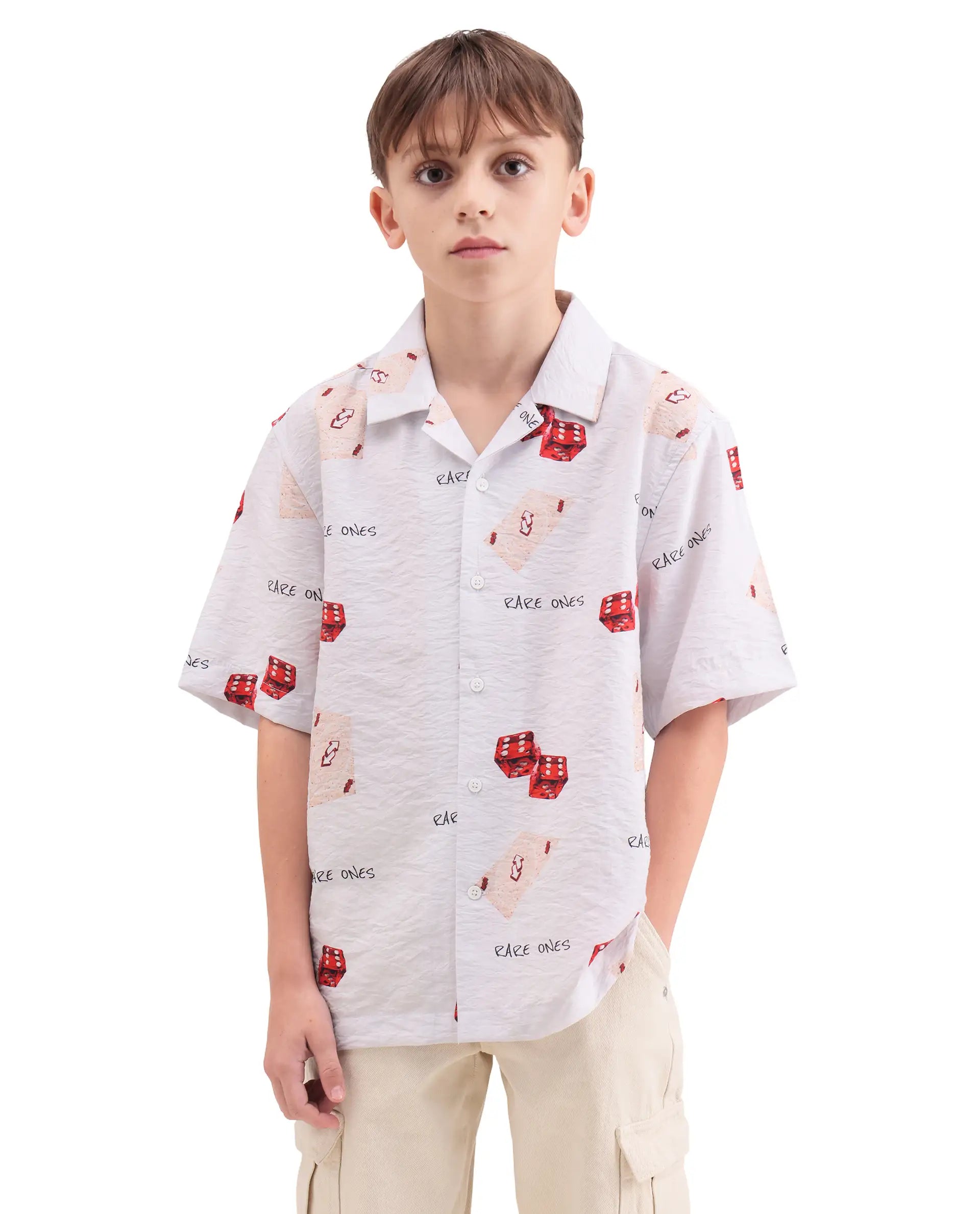 Rare Ones Kids Dice White Viscose Blend Fabric Button Closure Regular Fit Shirt