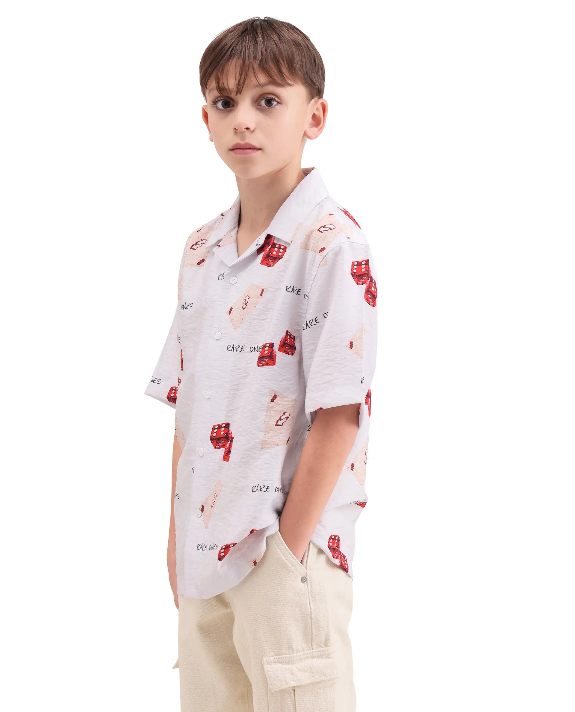 Rare Ones Kids Dice White Viscose Blend Fabric Button Closure Regular Fit Shirt