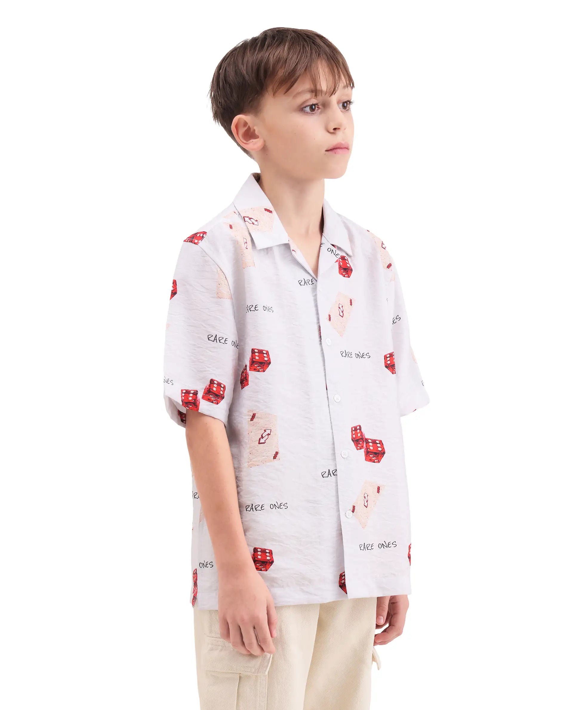 Rare Ones Kids Dice White Viscose Blend Fabric Button Closure Regular Fit Shirt
