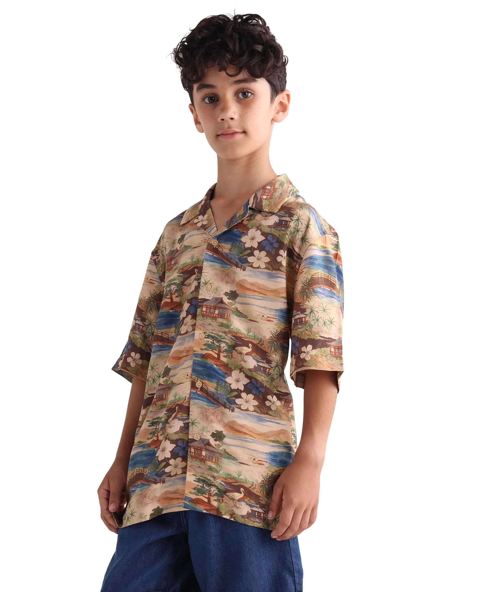 Rare Ones Kids Adon Brown Viscose Button Closure Regular Fit Shirt