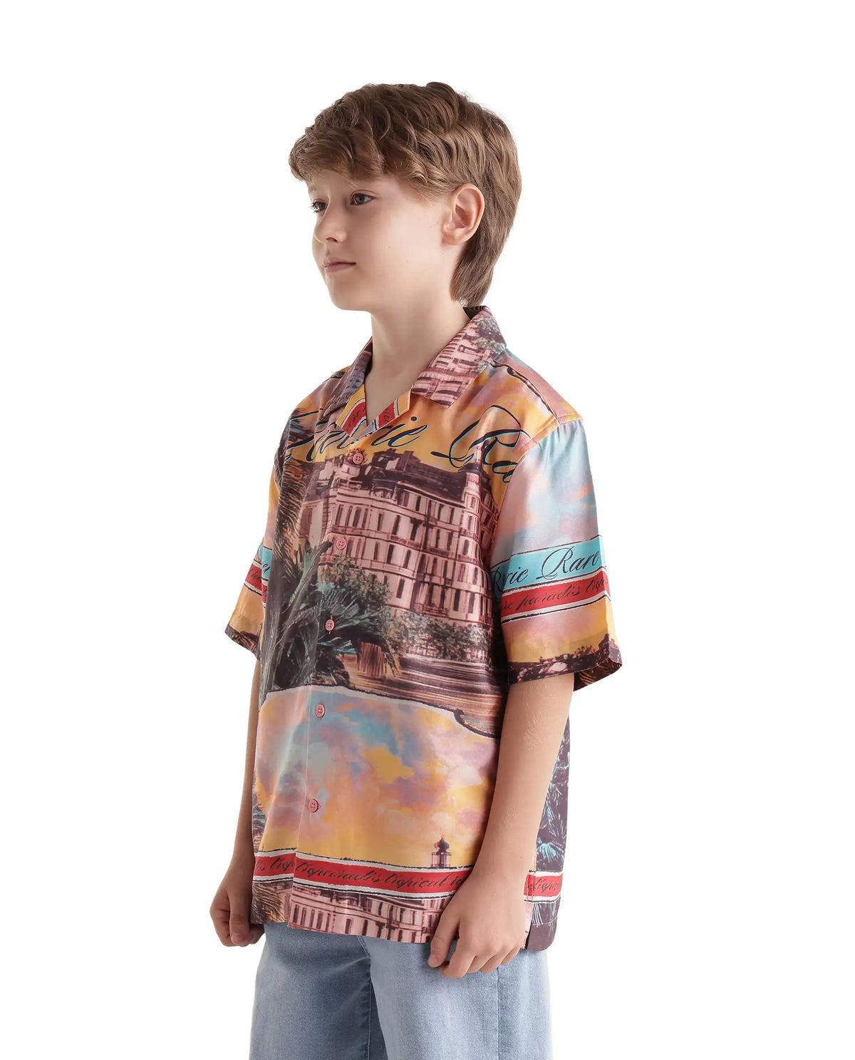 Rare Ones Kids Siff Orange Cotton Blend Button Closure Cuban Collar Regular Fit Shirt