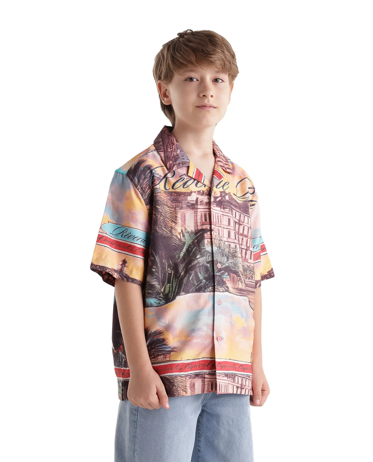 Rare Ones Kids Siff Orange Cotton Blend Button Closure Cuban Collar Regular Fit Shirt
