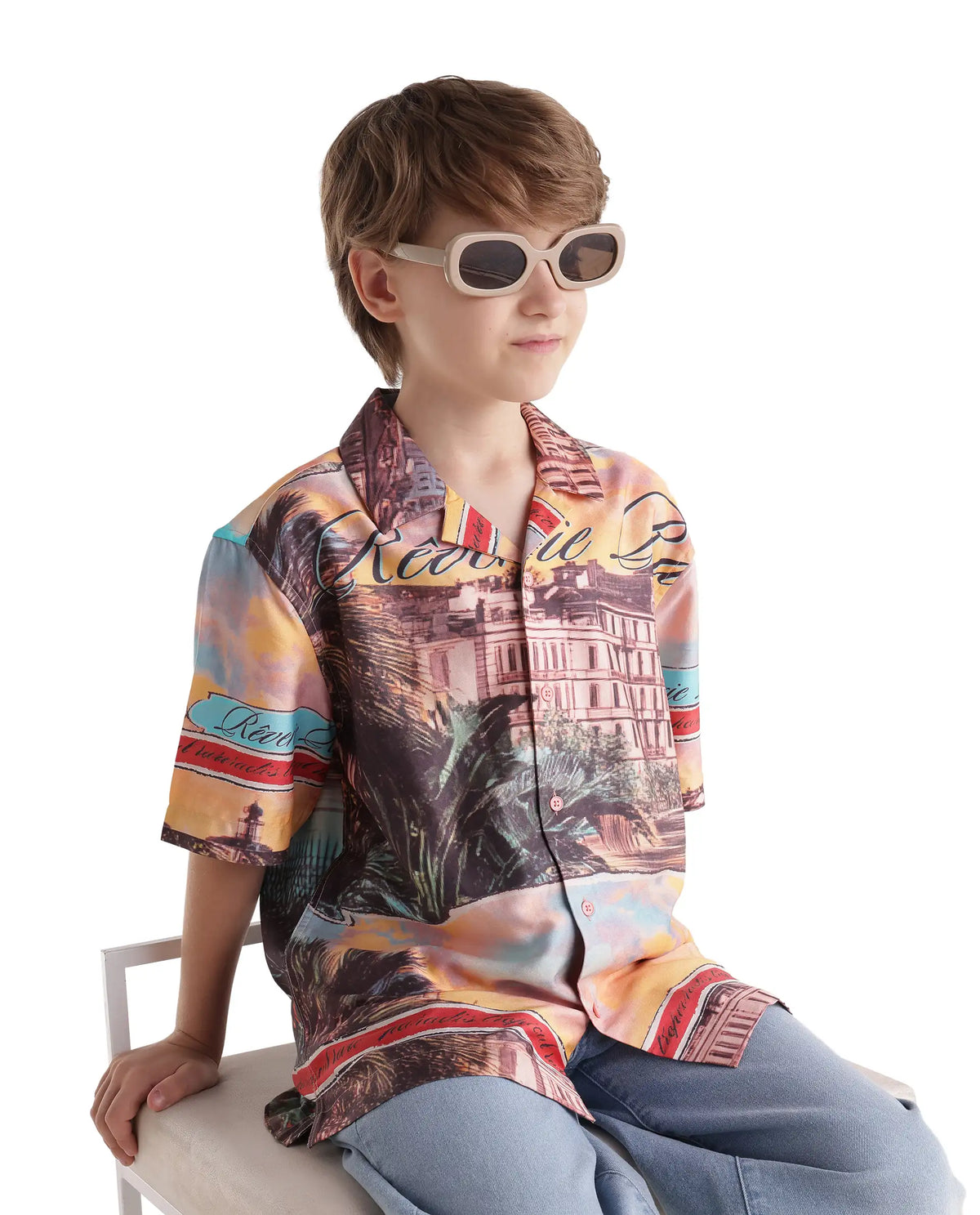 Rare Ones Kids Siff Orange Cotton Blend Button Closure Cuban Collar Regular Fit Shirt