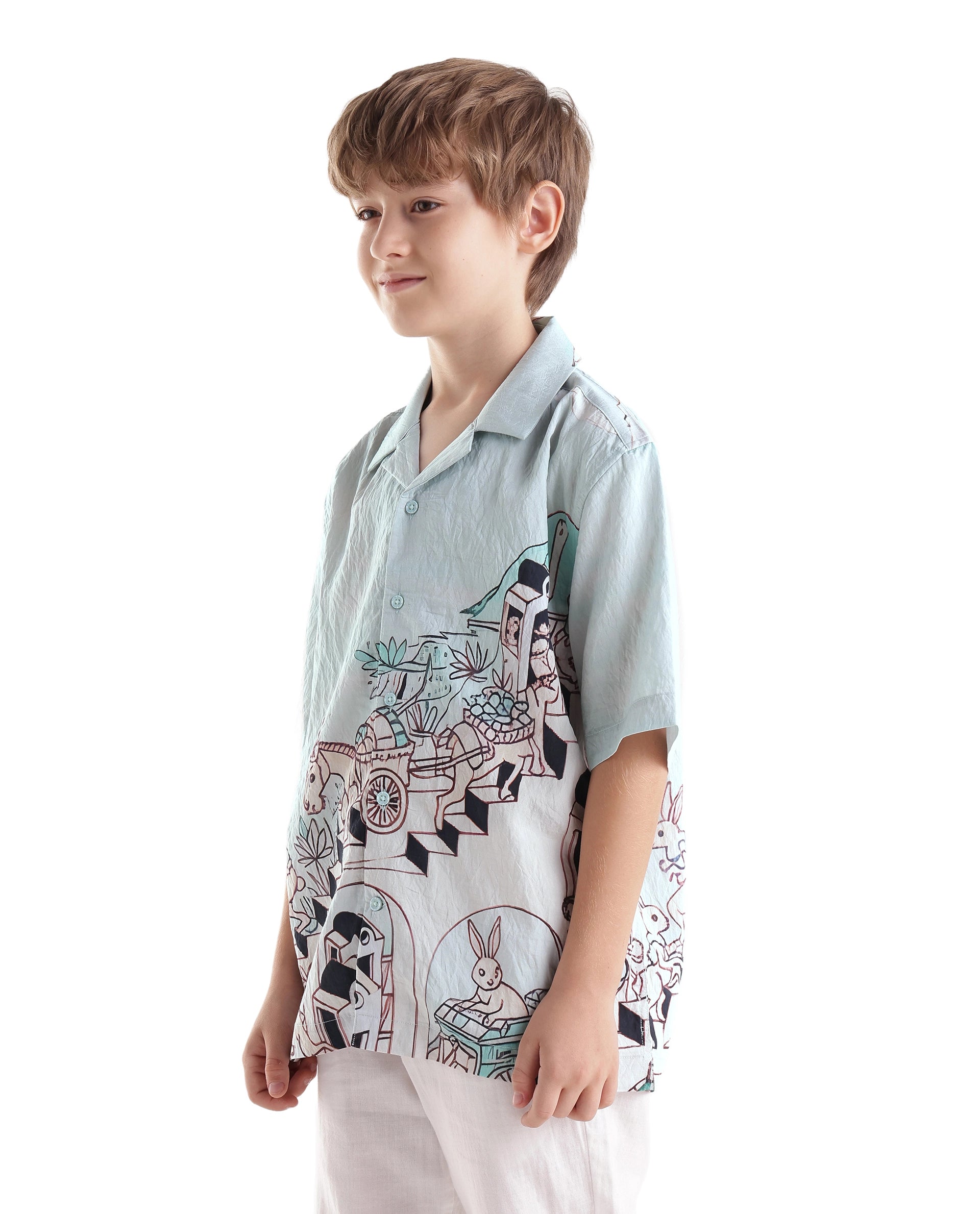 Rare Ones Kids Ruff Light Green Viscose Button Closure Regular Fit Shirt