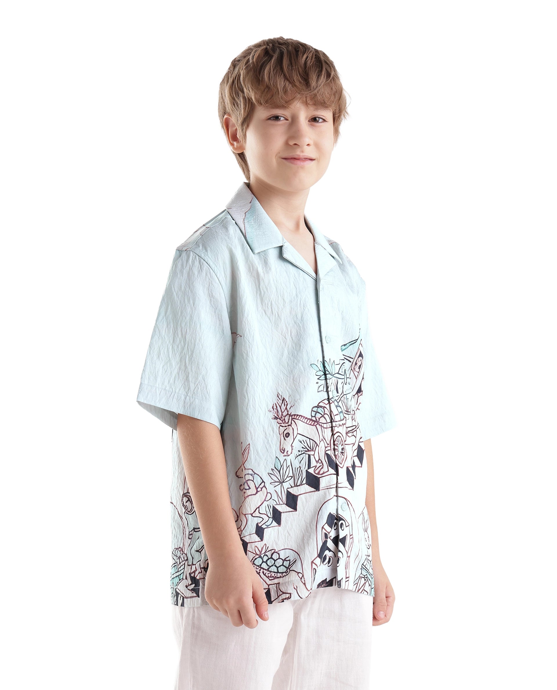 Rare Ones Kids Ruff Light Green Viscose Button Closure Regular Fit Shirt