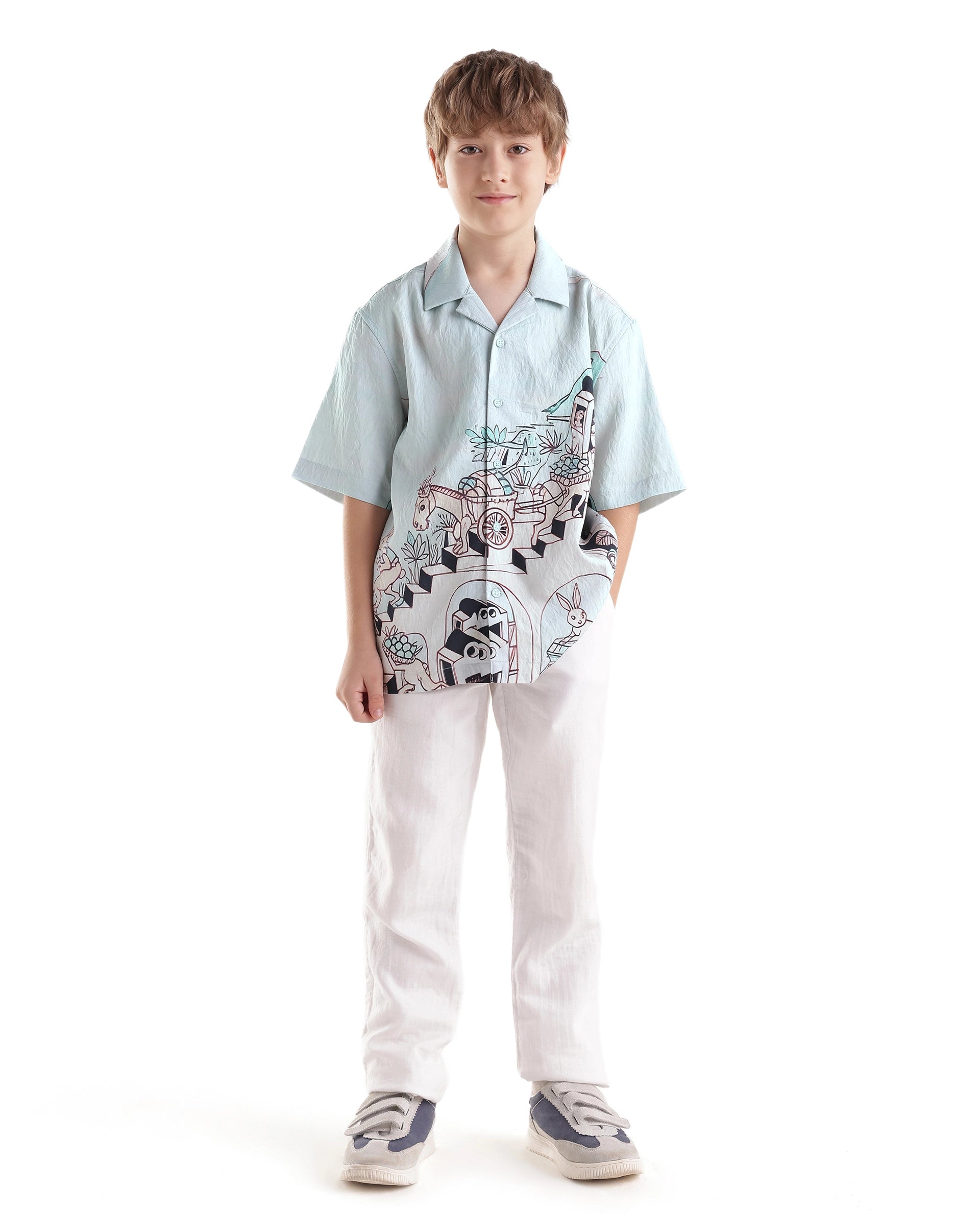Rare Ones Kids Ruff Light Green Viscose Button Closure Regular Fit Shirt
