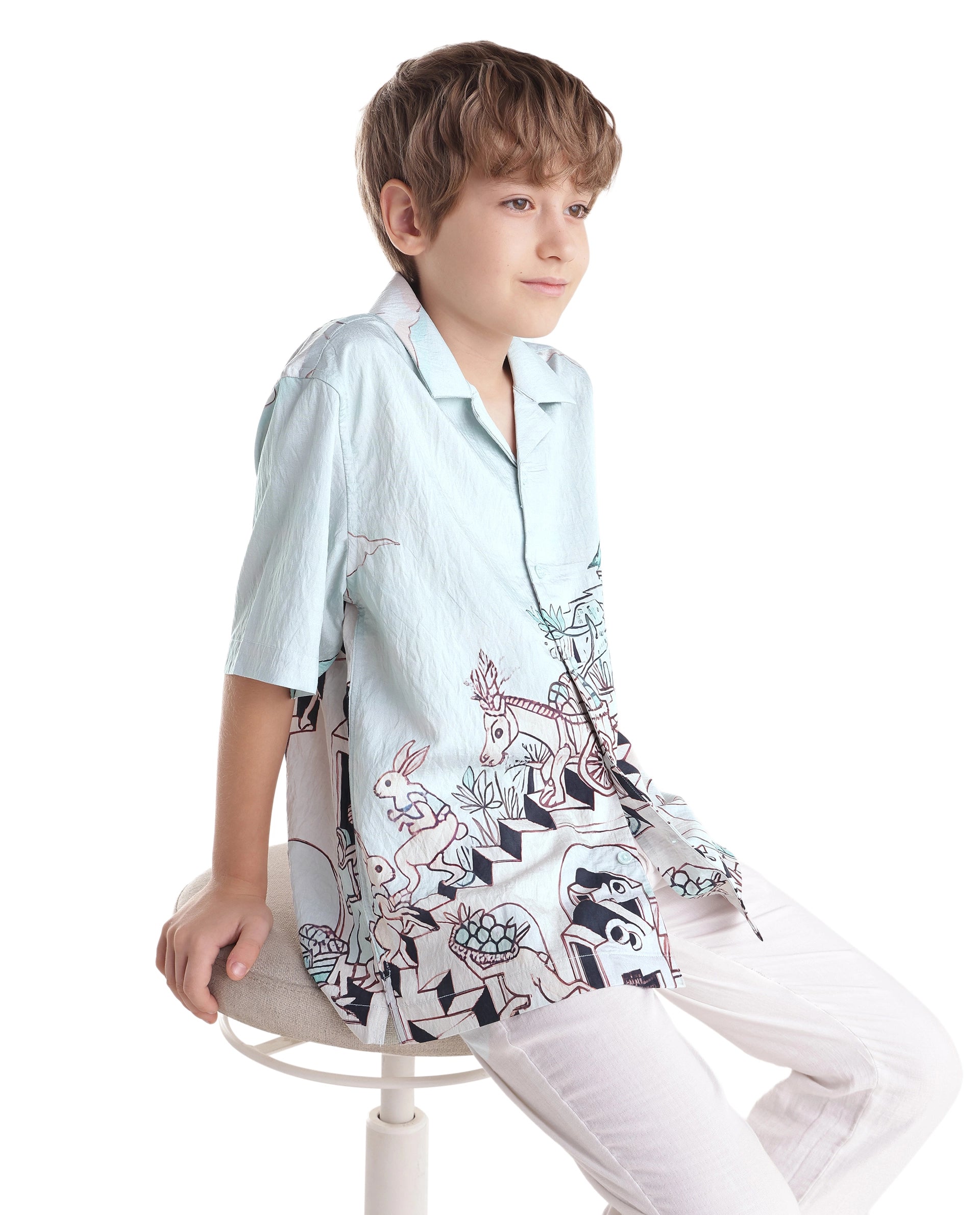 Rare Ones Kids Ruff Light Green Viscose Button Closure Regular Fit Shirt