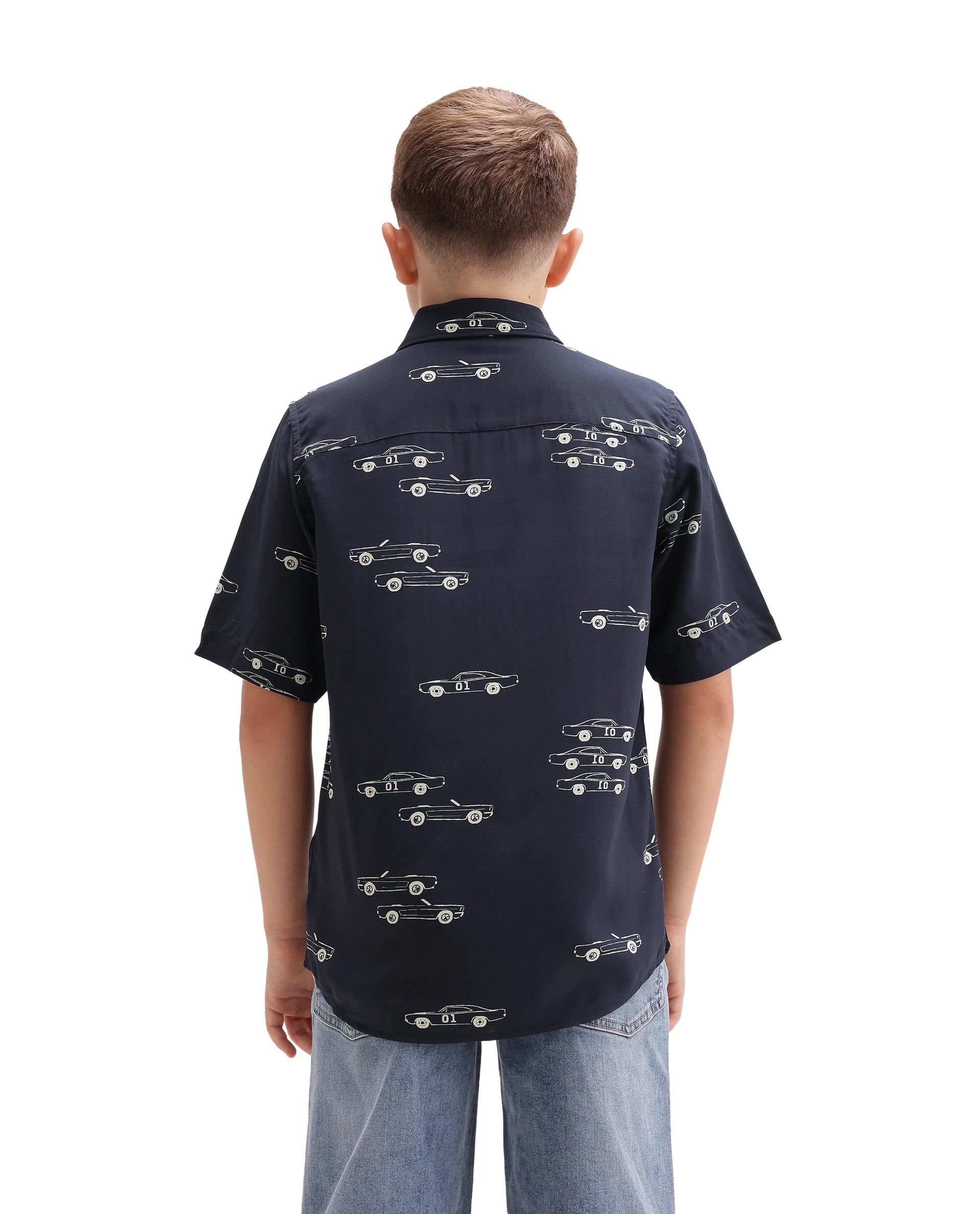 Rare Ones Kids Octa Navy Viscose Fabric Button Closure Regular Fit All Over Print Shirt