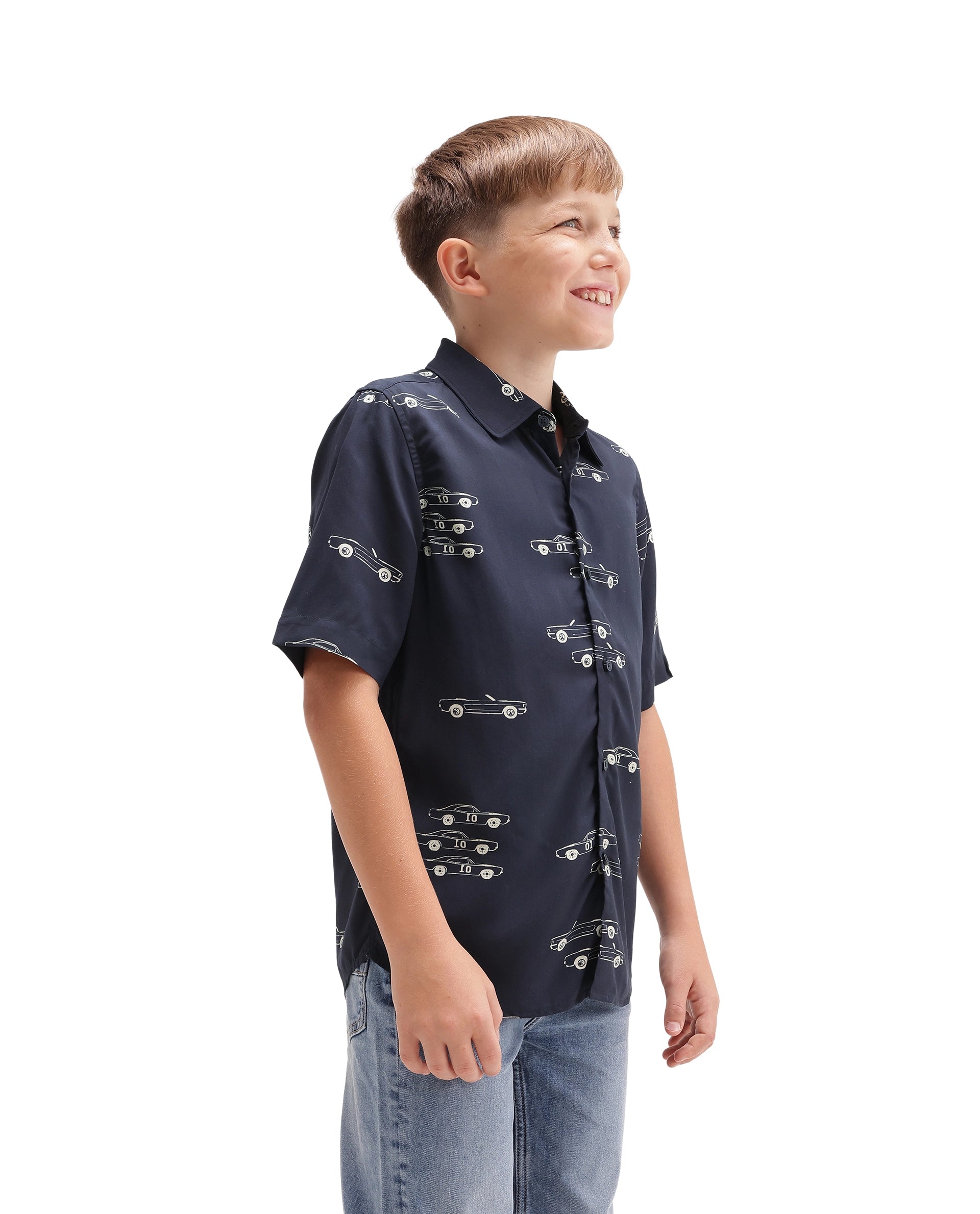 Rare Ones Kids Octa Navy Viscose Fabric Button Closure Regular Fit All Over Print Shirt