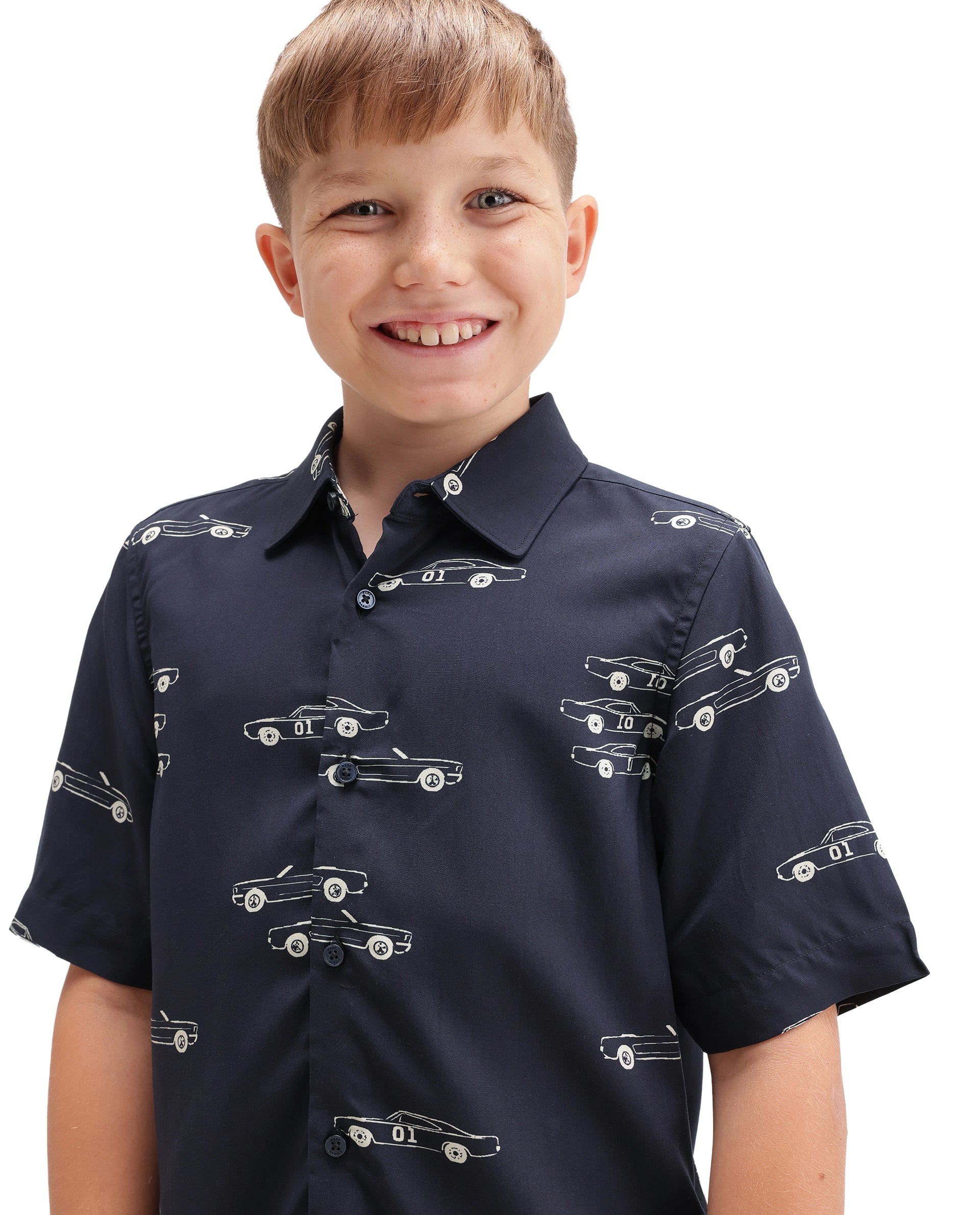 Rare Ones Kids Octa Navy Viscose Fabric Button Closure Regular Fit All Over Print Shirt