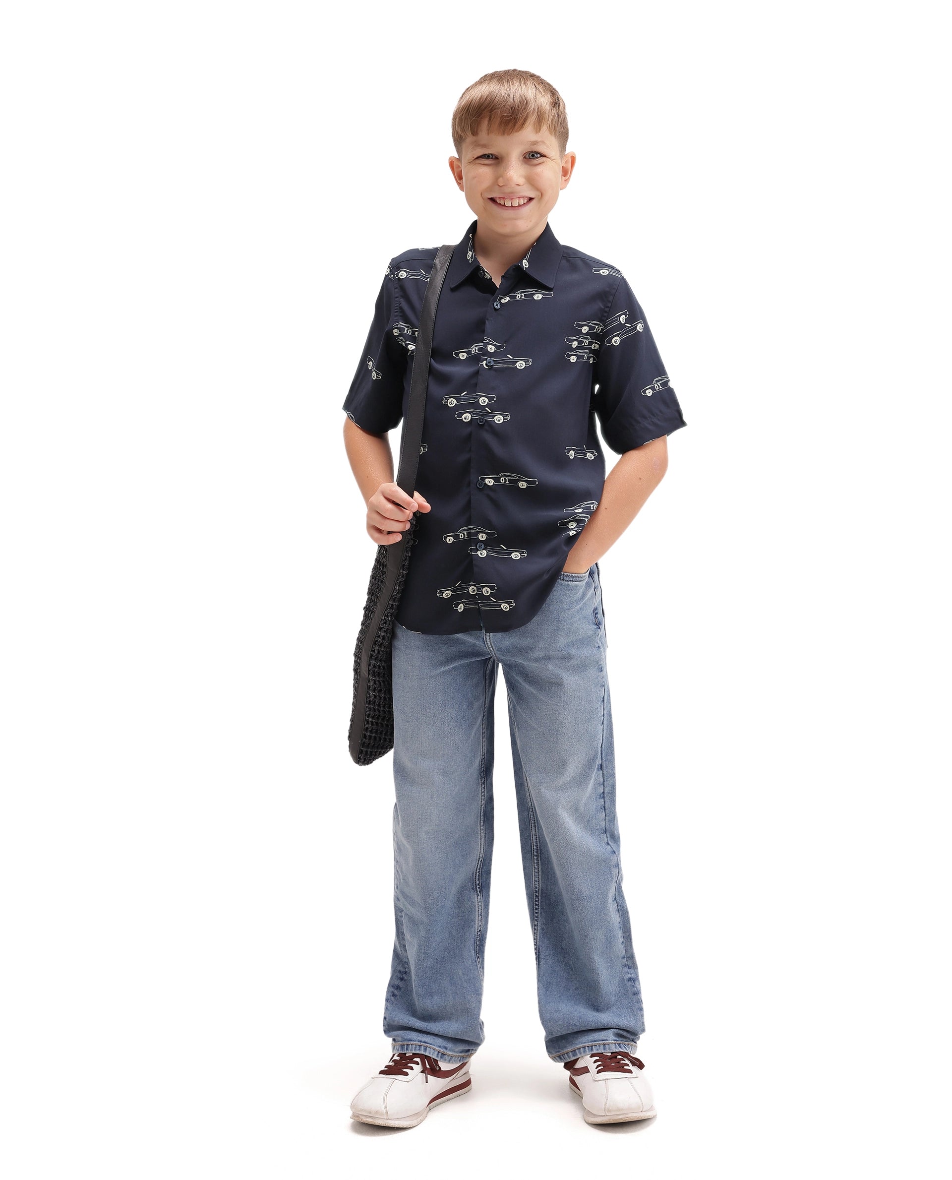 Rare Ones Kids Octa Navy Viscose Fabric Button Closure Regular Fit All Over Print Shirt