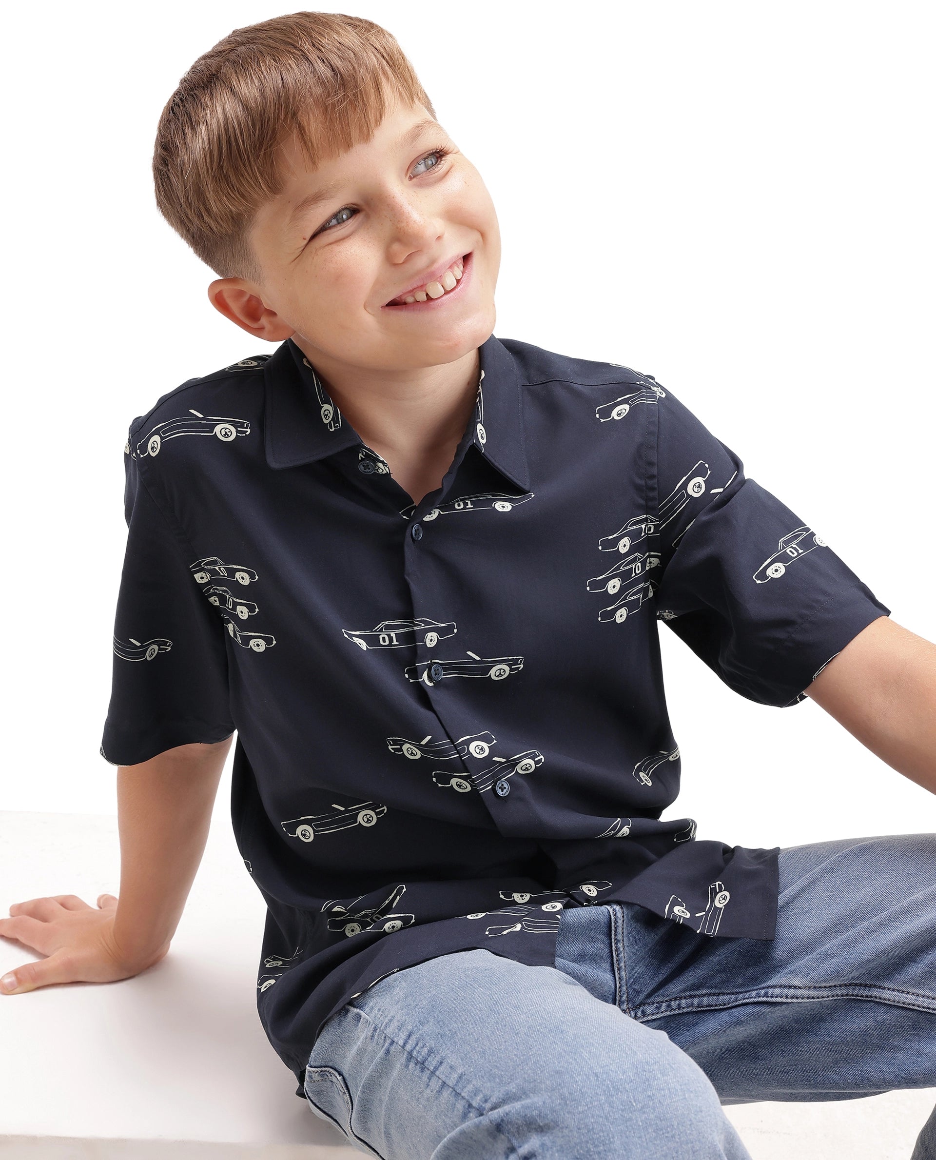 Rare Ones Kids Octa Navy Viscose Fabric Button Closure Regular Fit All Over Print Shirt